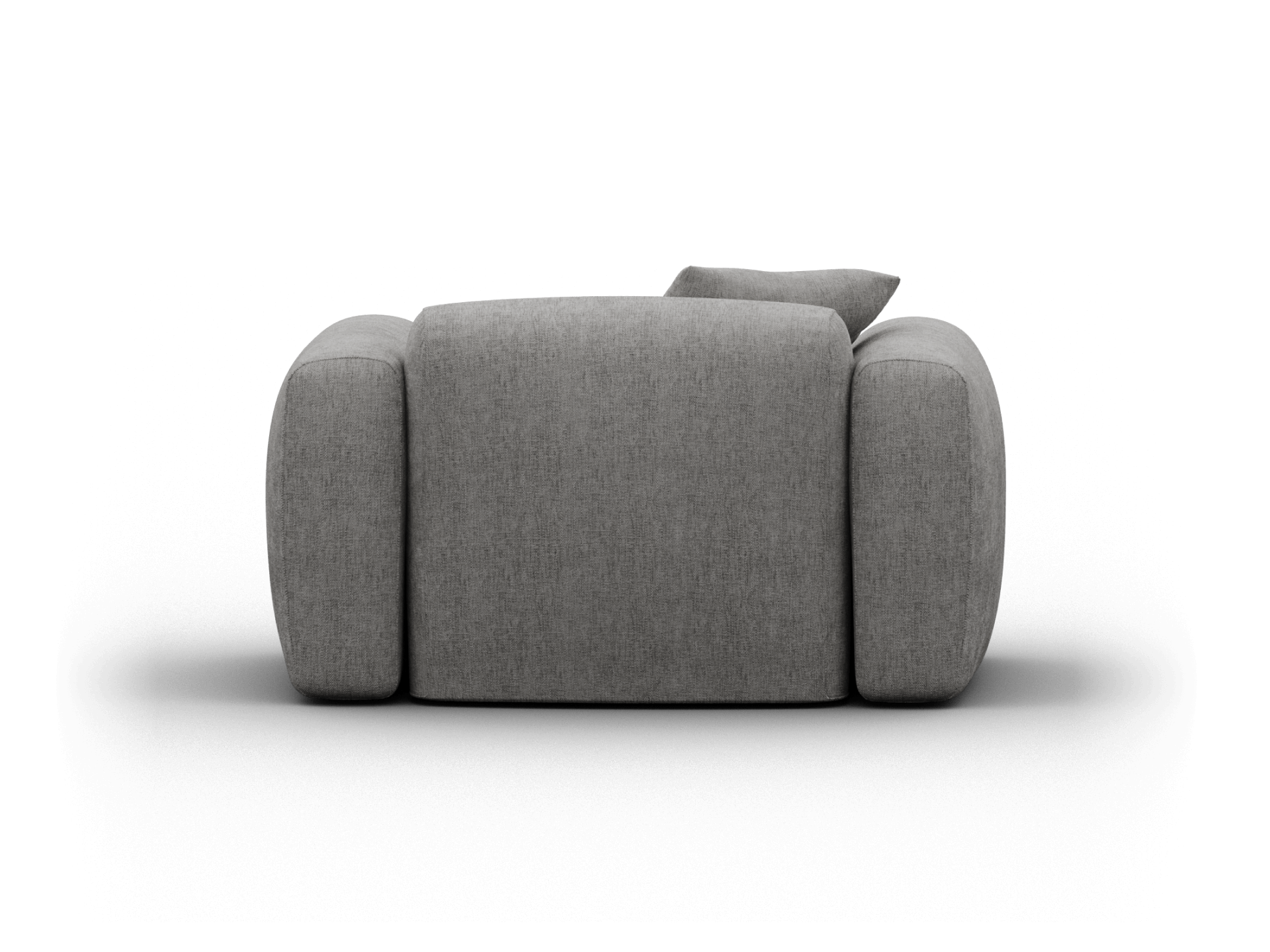 Luxury grey upholstered armchair with plush cushions, curved armrests, and minimalist design. Perfect for a sophisticated living room setting.