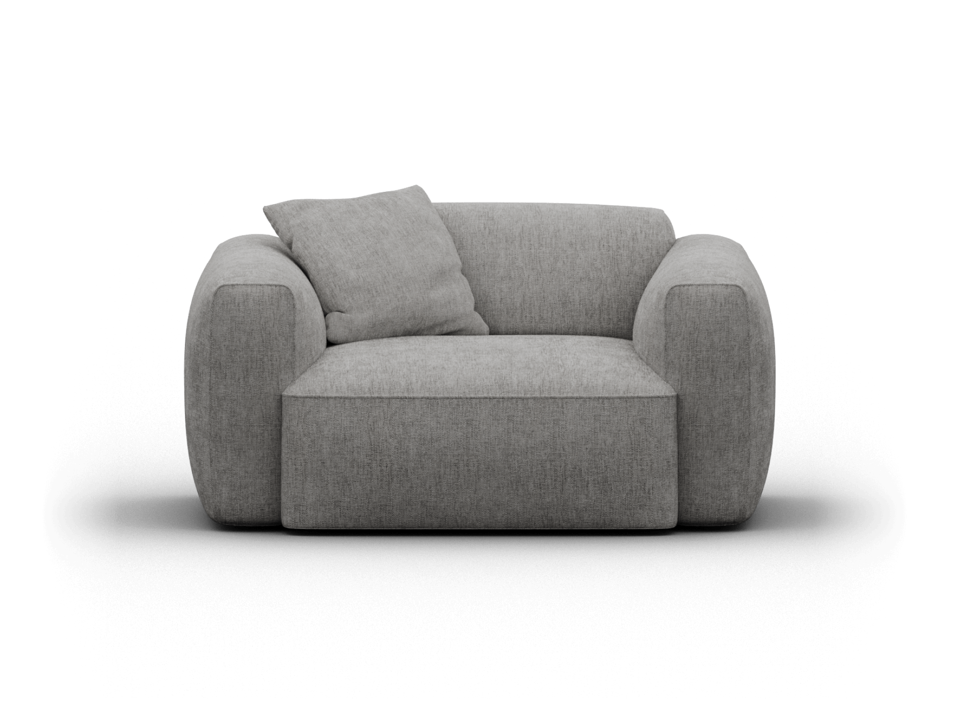 Luxurious grey fabric armchair with plush cushioning and sleek curves. Features a contemporary design, perfect for a chic living room setting.