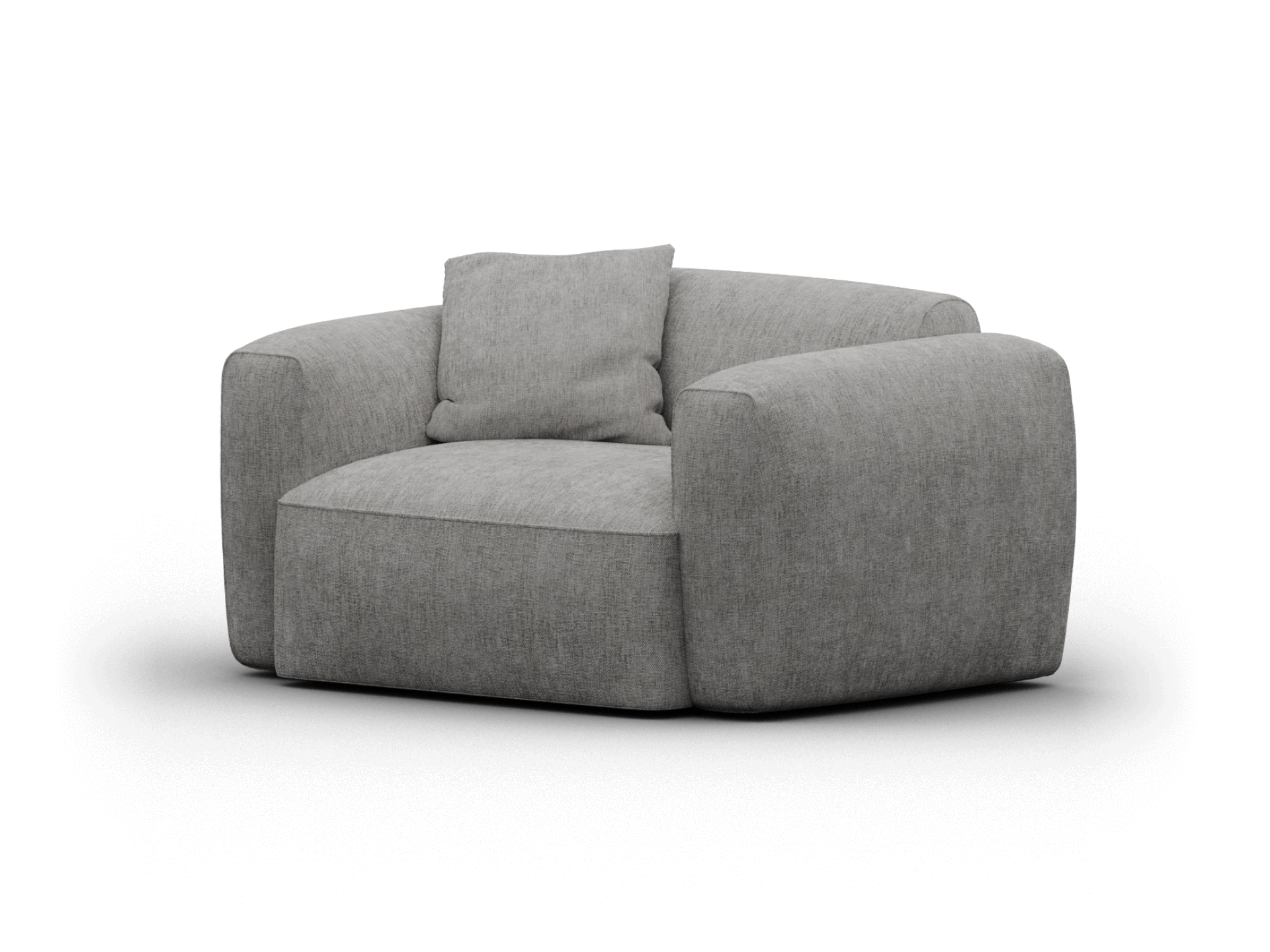 Luxurious grey fabric armchair with plush upholstery and rounded edges. Features include deep seating and a matching cushion, perfect for a contemporary lounge.