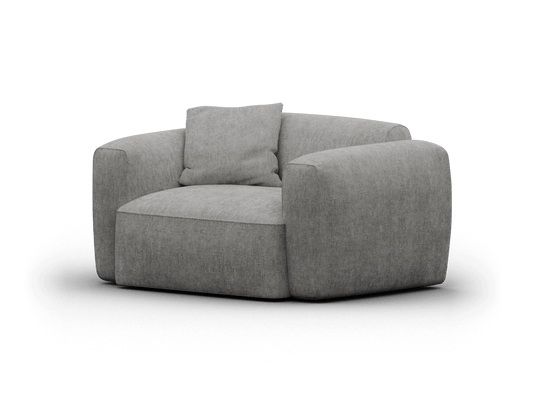 Luxurious grey fabric armchair with plush upholstery and rounded edges. Features include deep seating and a matching cushion, perfect for a contemporary lounge.