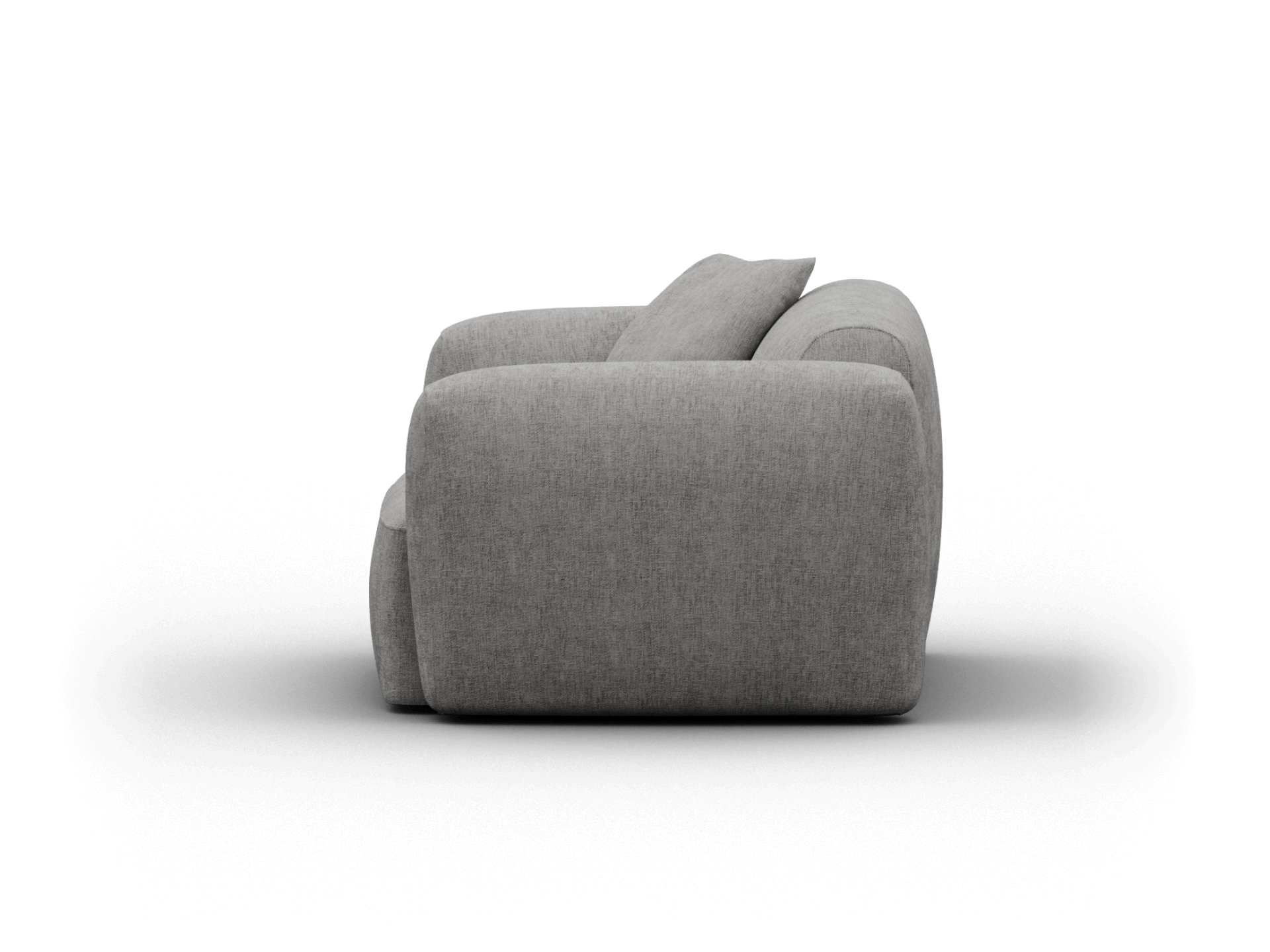 Luxurious grey fabric sofa featuring a plush, curvaceous design with a deep seat. Perfect for a sophisticated living room setting.