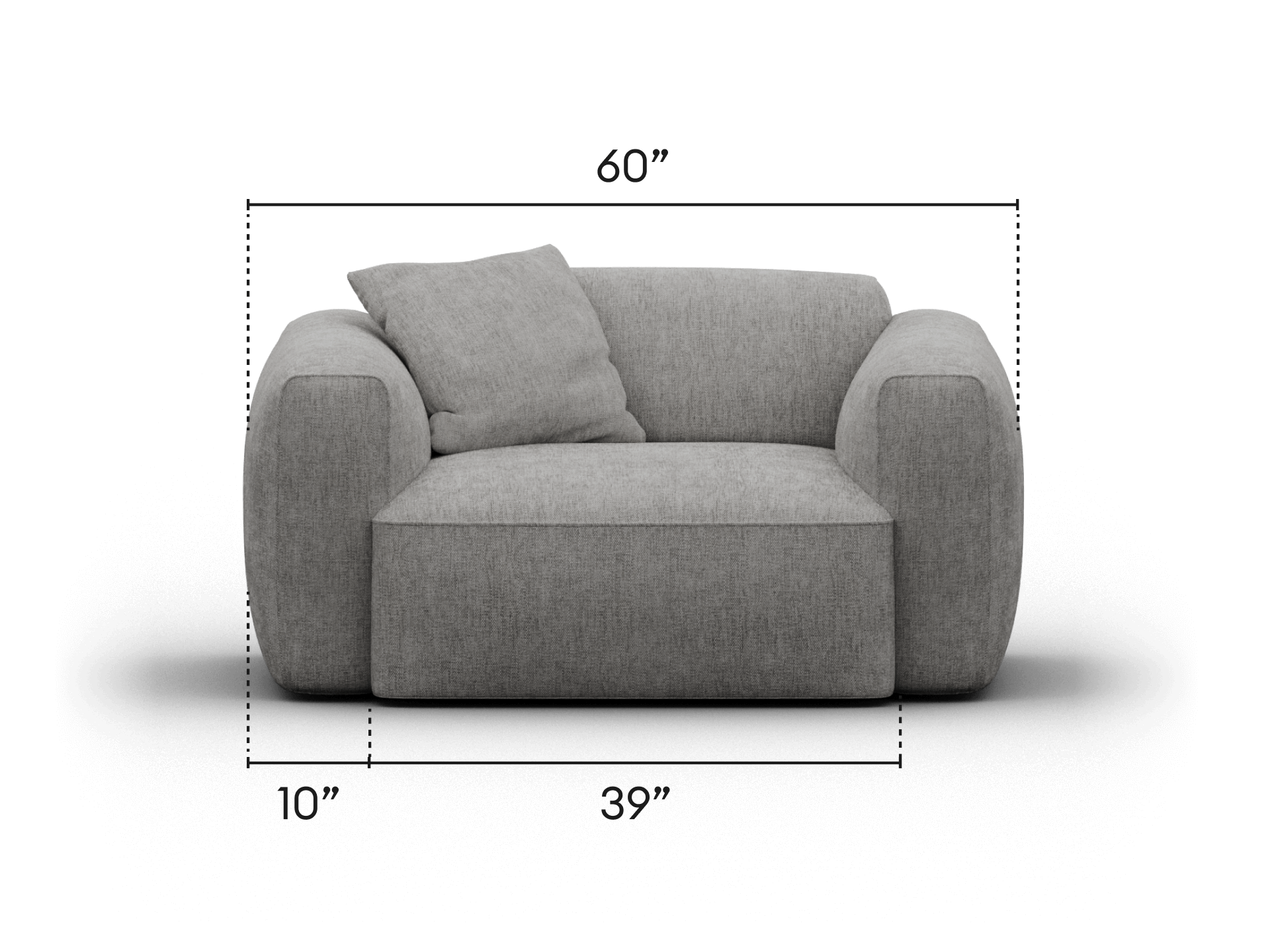 Luxurious grey upholstered armchair with plush cushioning, sleek rounded corners, and an included pillow, perfect for sophisticated living spaces.