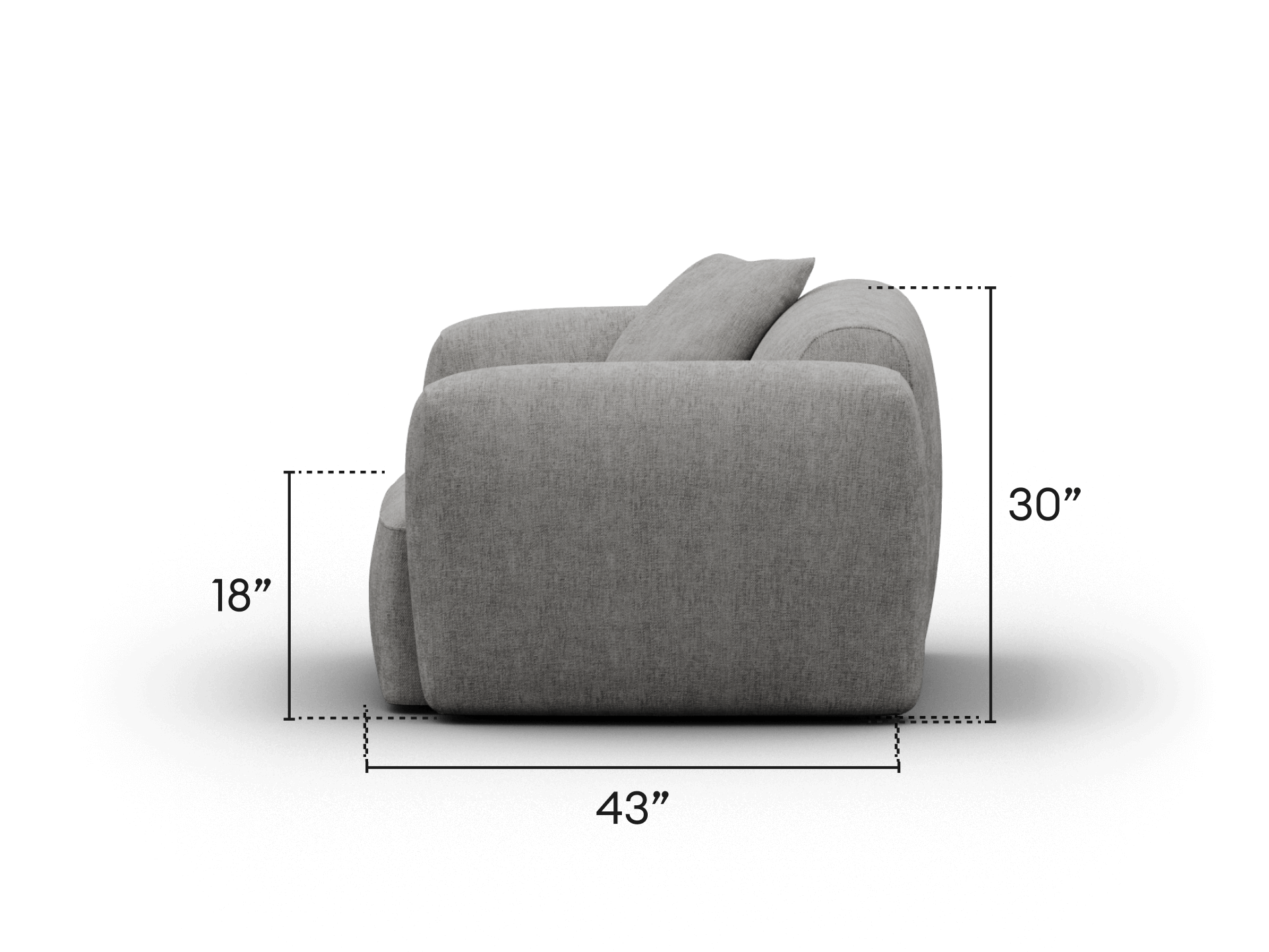 Luxurious grey fabric sofa with plush, rounded cushions and deep seating. Features a sleek, modern design perfect for sophisticated living room spaces.