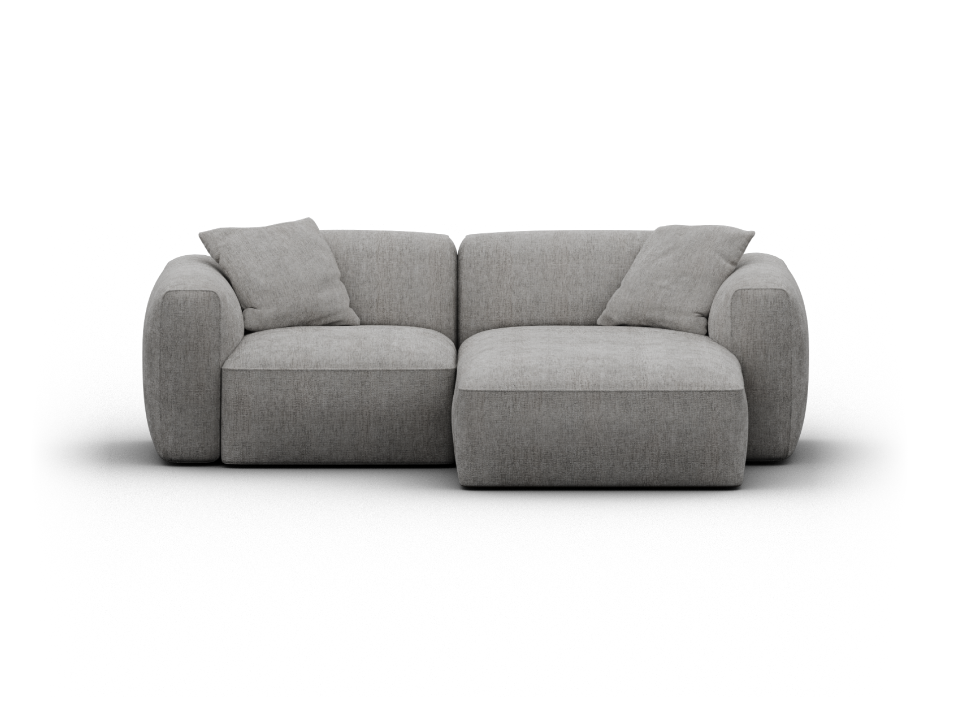Modern two-seater sofa in grey fabric, featuring plush upholstery, rounded armrests, and sleek lines, ideal for a luxurious living room setting.