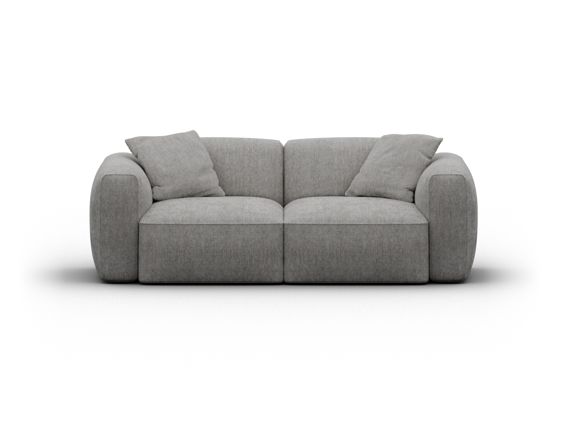 Luxurious grey fabric sofa with rounded arms and plush cushions. Contemporary design features soft upholstery. Perfect for a refined living space.