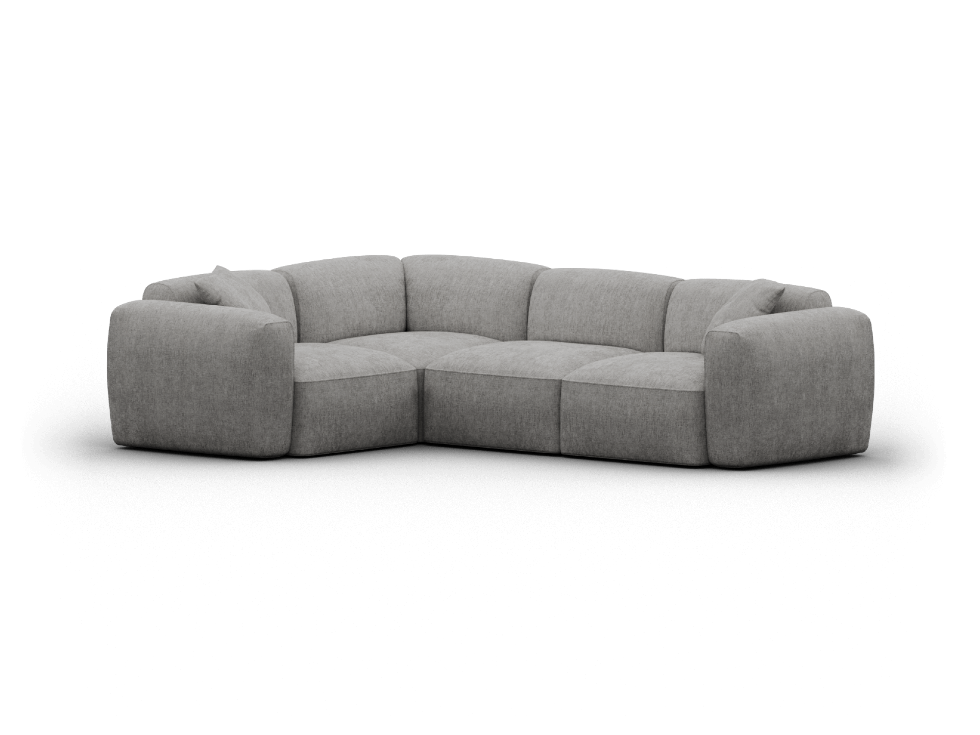 Luxurious grey modular sofa with plush, fabric upholstery. Features deep seating and modern design. Perfect for a sophisticated living area.