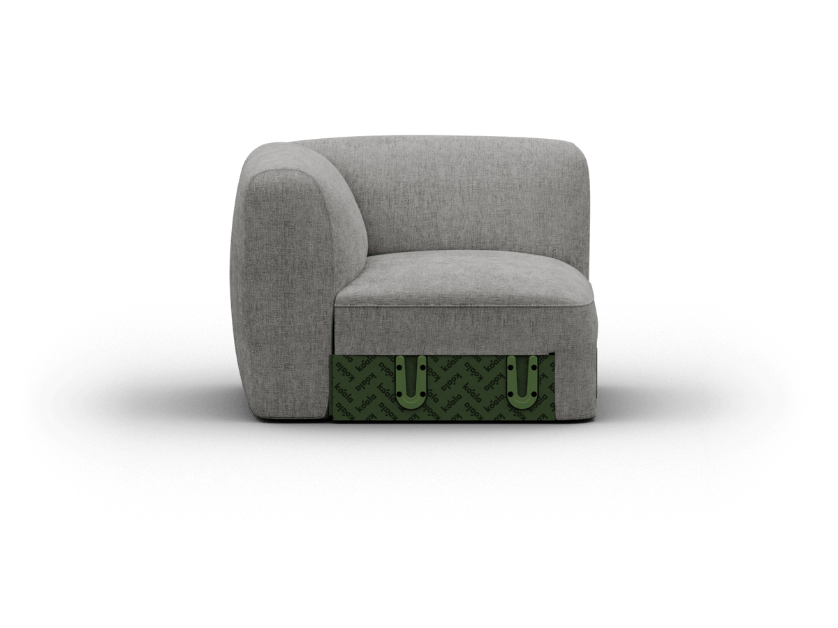 Premium grey fabric corner sofa with a minimalist design, featuring a unique green pattern base. Perfect for stylish, contemporary living spaces.