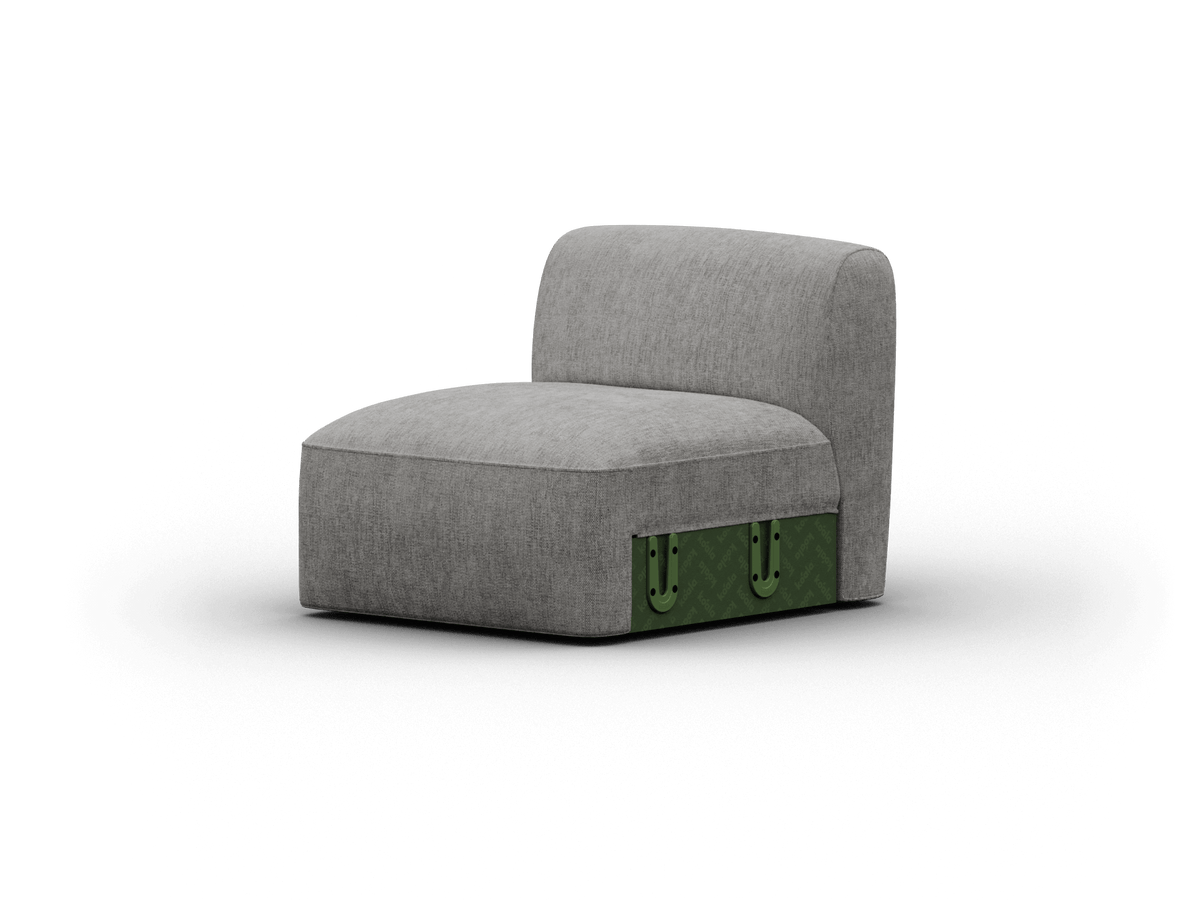 Armless grey fabric lounge chair with green textured base, highlighting sleek lines and modern craftsmanship. Ideal for luxury living spaces.