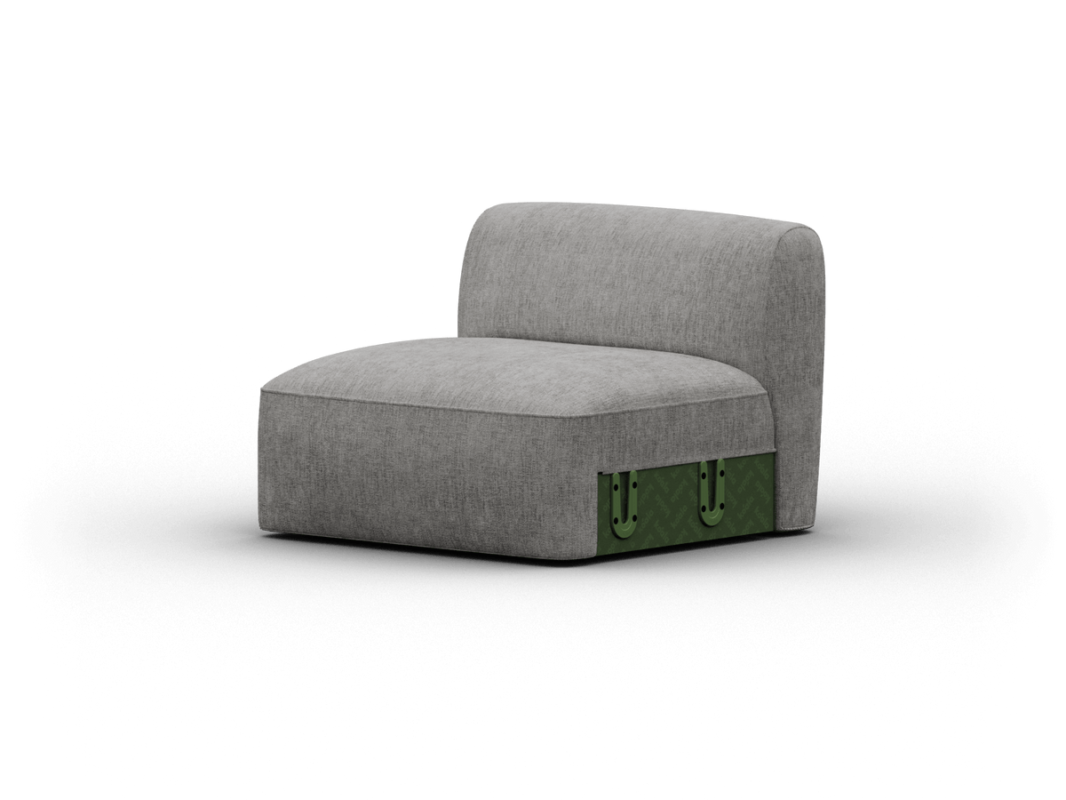 Sophisticated armless lounge chair with grey upholstered fabric and contrasting green accents. Clean lines and luxurious texture create a refined modern aesthetic.