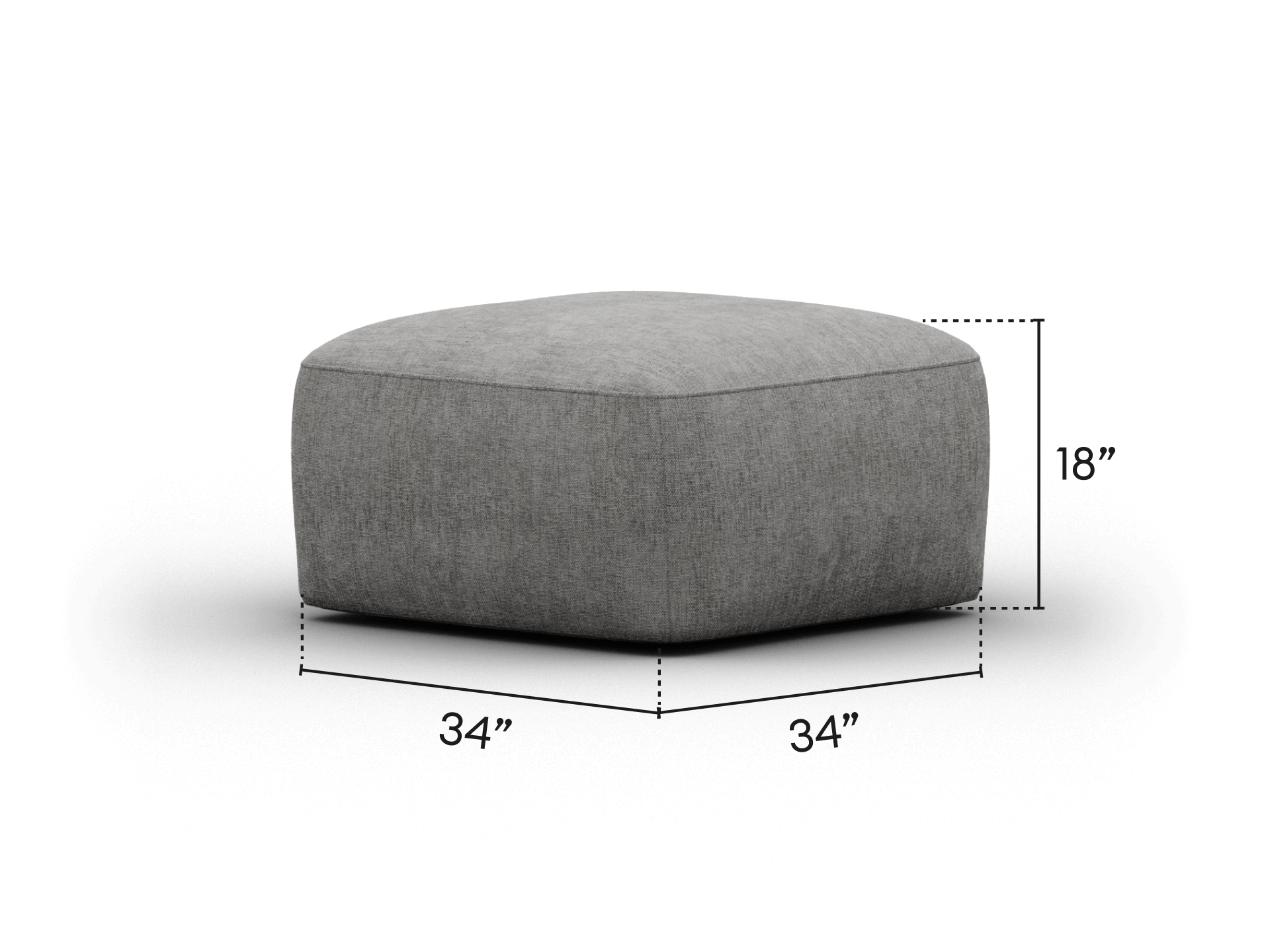 Hexagonal ottoman in premium grey fabric, offering a minimalist design. Perfectly suited for modern living spaces or chic lounge areas. Dimensions: 34"x34"x18".