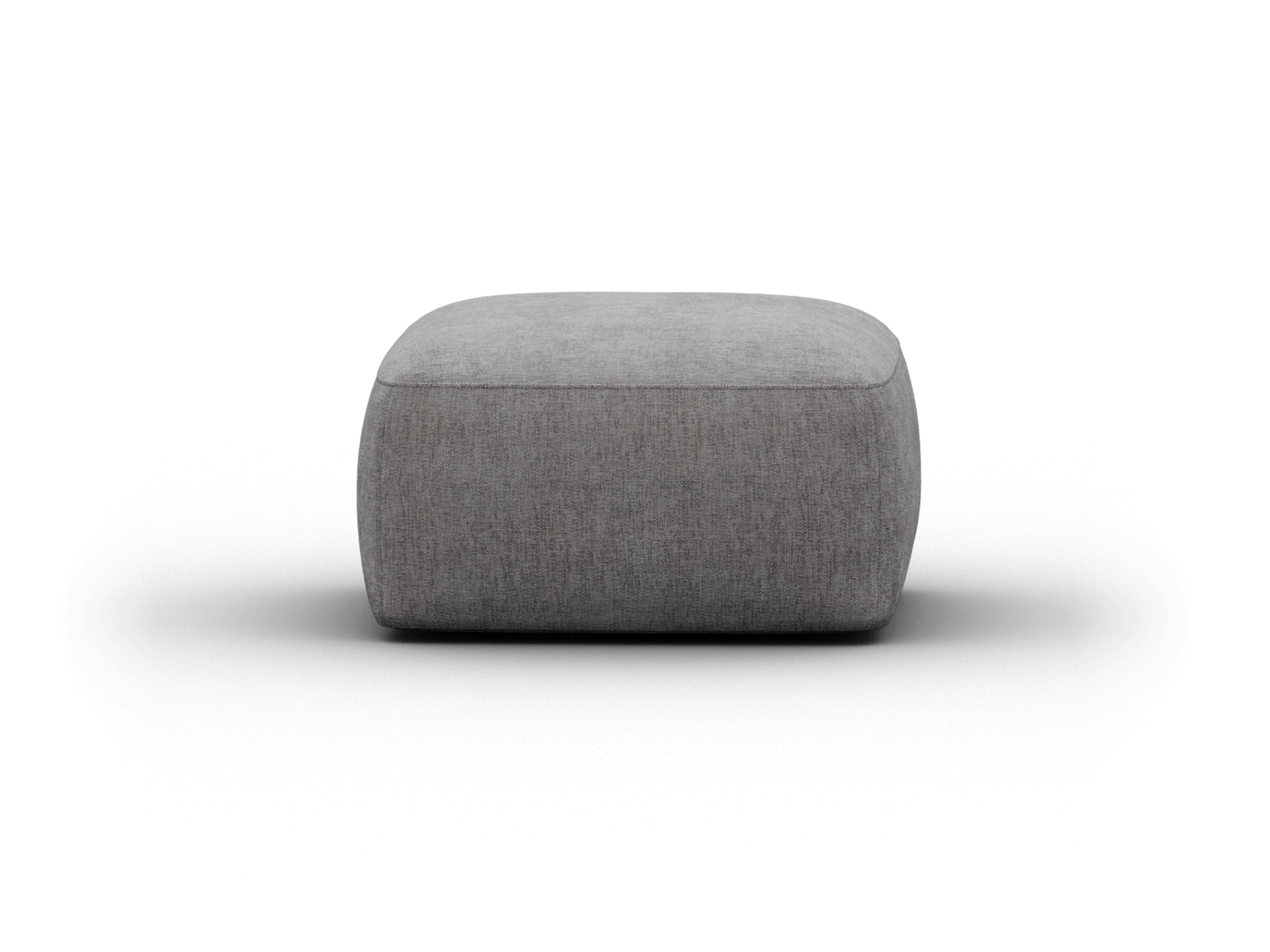 Contemporary grey fabric ottoman with rounded edges. Upholstered in soft, textured fabric, perfect for a modern lounge or sophisticated sitting area.