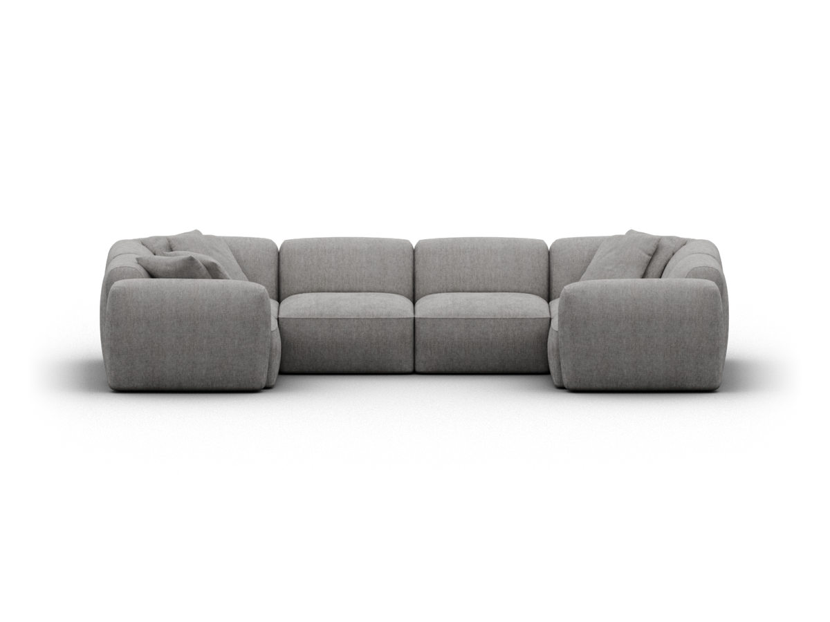 Luxurious grey fabric sectional sofa; contemporary design with plush cushioning and sleek lines. Perfect for modern living spaces.