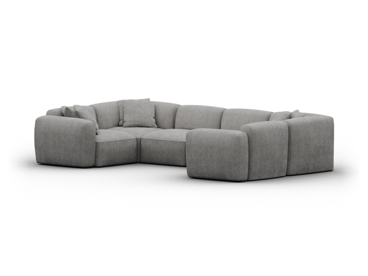 Luxurious grey fabric sectional sofa with plush cushions, showcasing a modular design. Perfect for a modern living room, offering style and comfort.