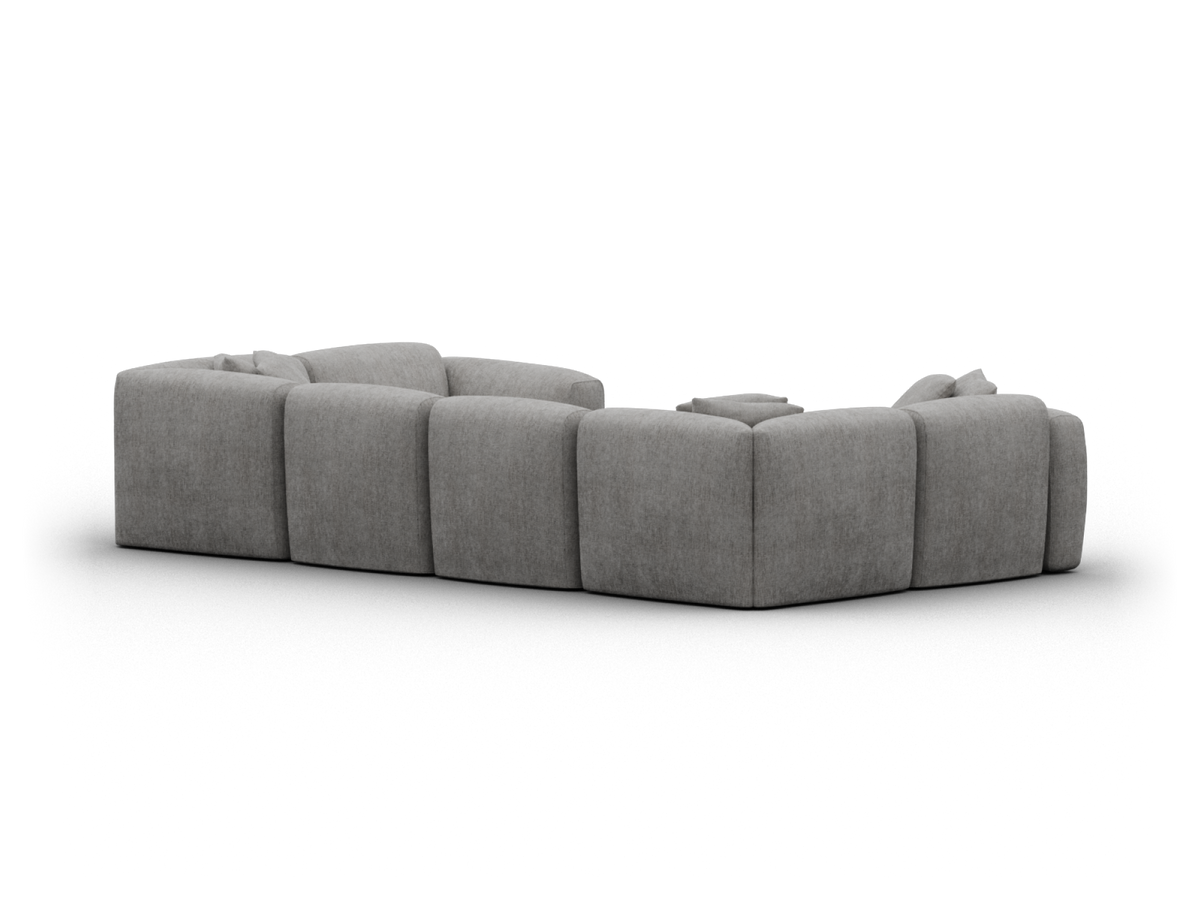 Stylish grey fabric modular sectional sofa with plush cushions and low-profile design, perfect for a contemporary living room setting.