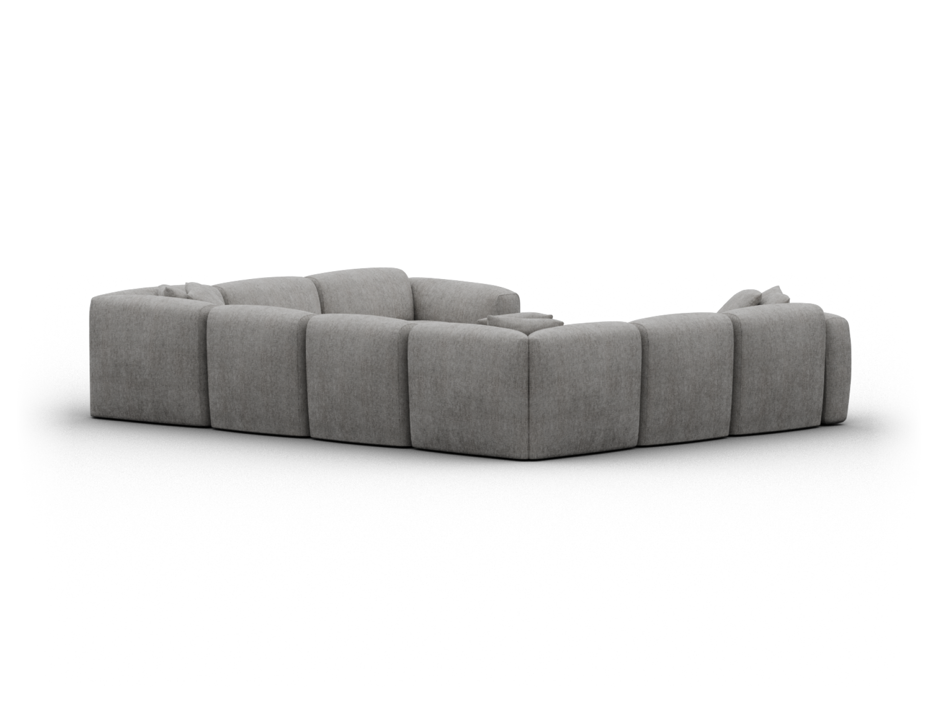 Modern grey sectional sofa in plush fabric, featuring deep cushions and clean lines. Perfect for luxe living rooms, offering both comfort and style.
