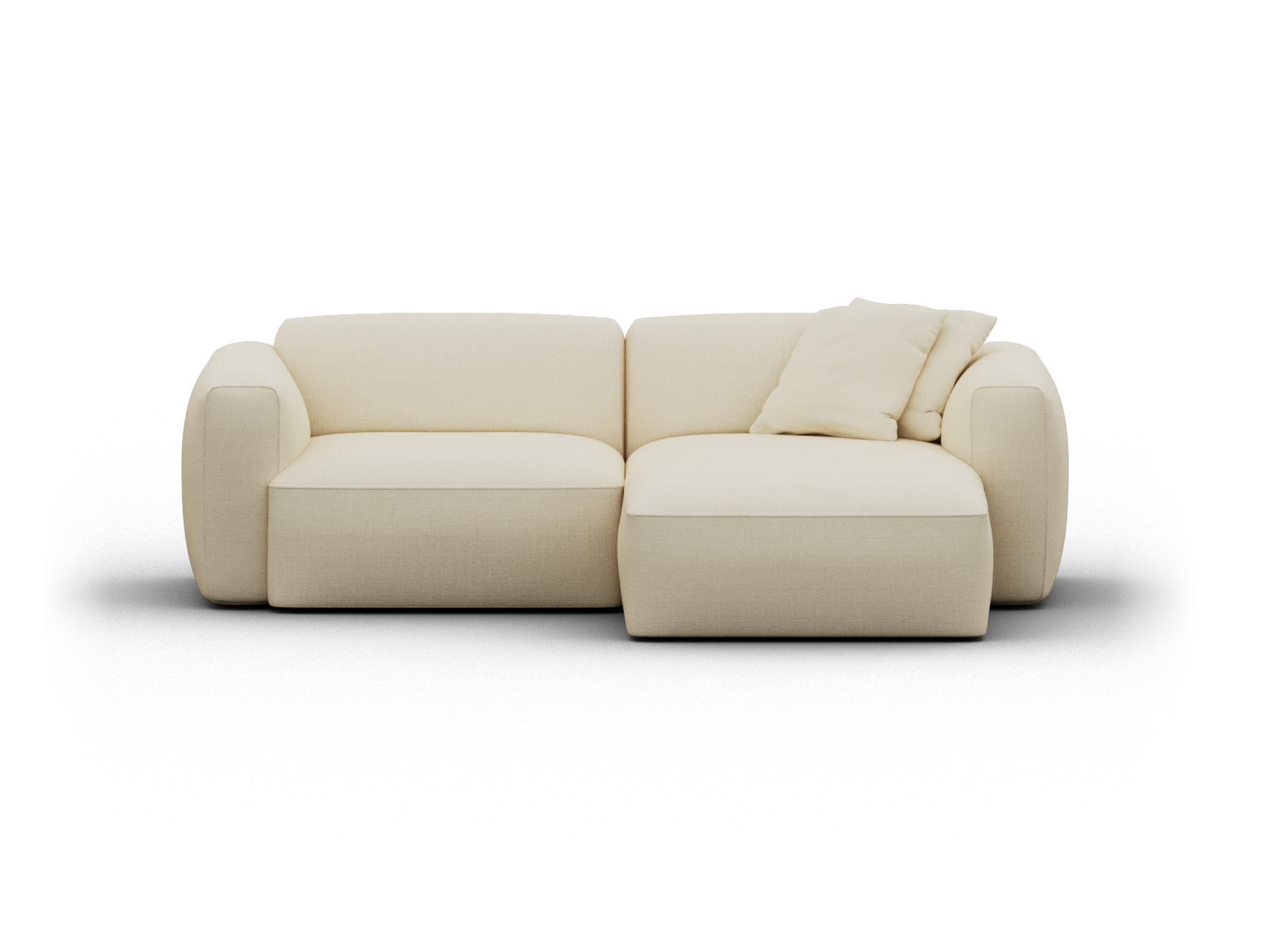 Plush beige sectional sofa with soft fabric upholstery, featuring rounded arms and cushioned back, ideal for a stylish, contemporary living room setting.