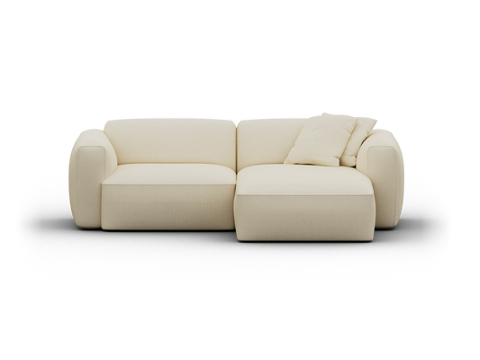 Modern two-seater beige fabric sofa with rounded arms and plush cushions, exuding elegance. Perfect for contemporary living spaces.