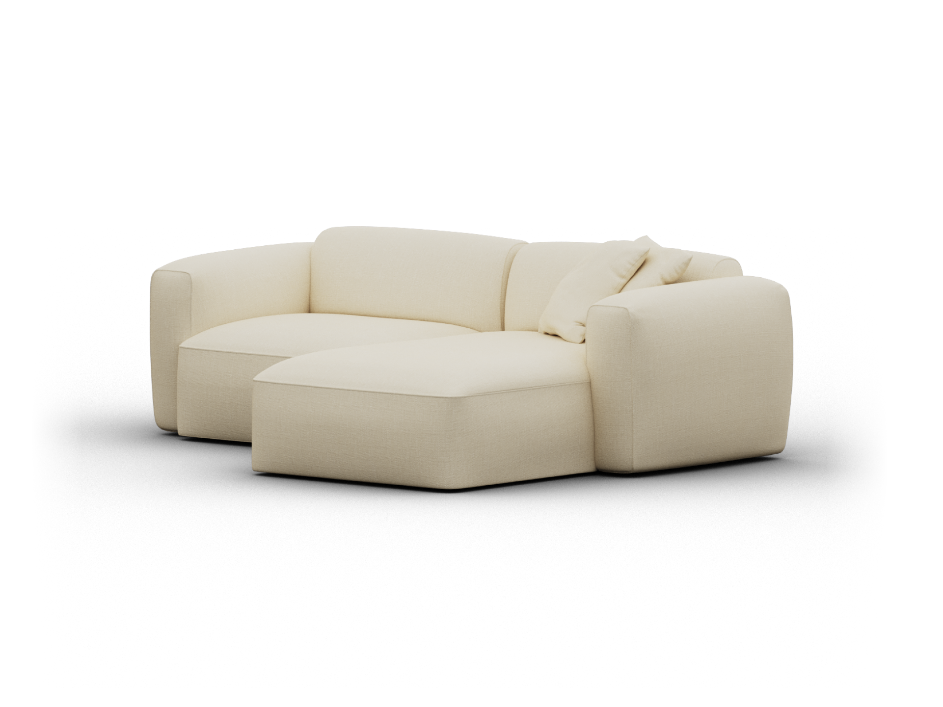 Luxurious cream upholstered sectional sofa in linen fabric, featuring plush cushions and elegant curves. Perfect for a modern, sophisticated living space.