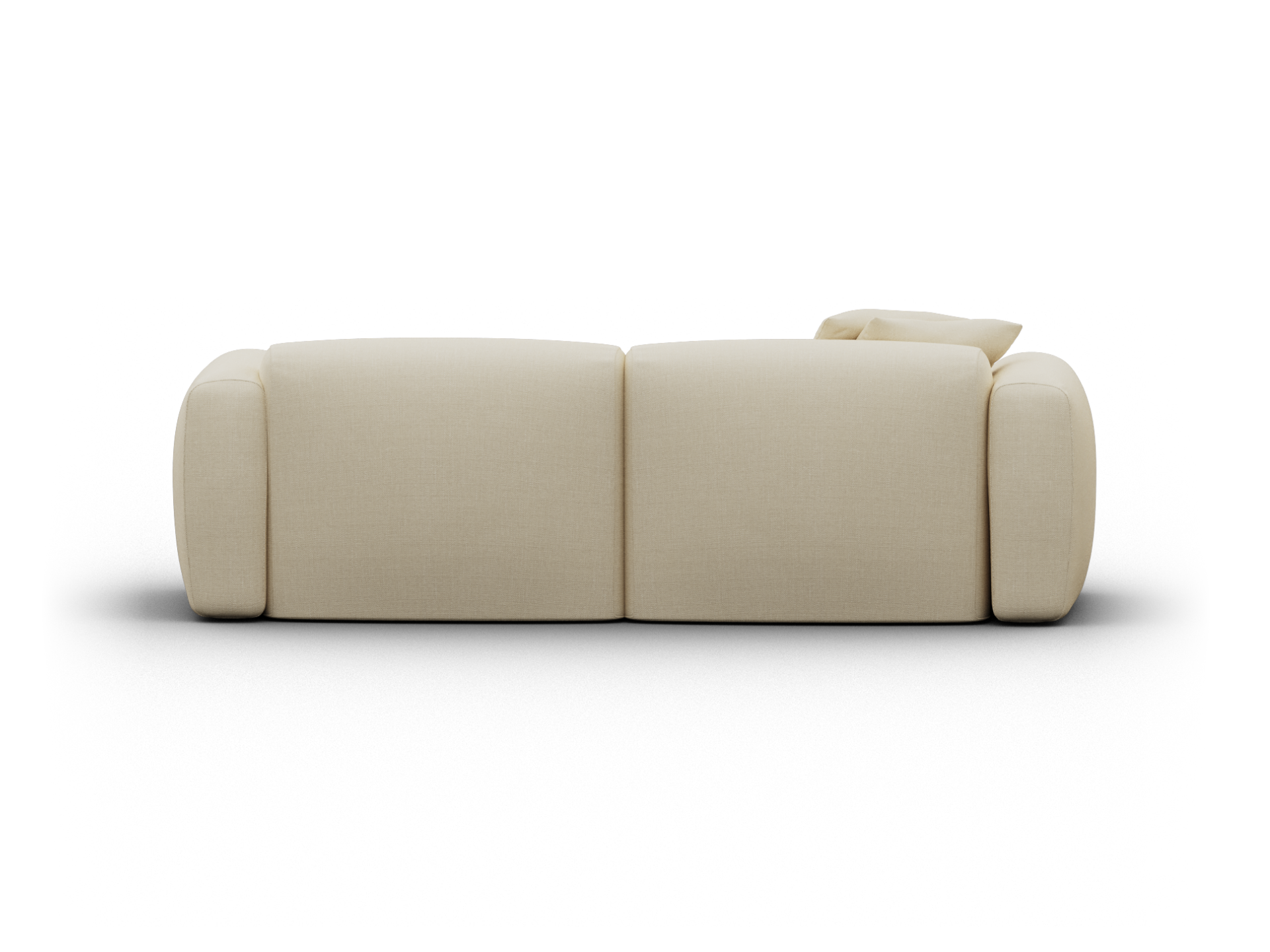 Plush cream fabric sofa with a minimalist design, featuring deep seats and rounded cushions. Perfect for a sophisticated living space.