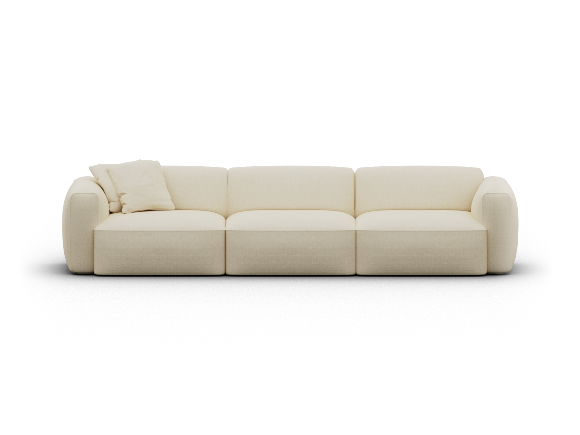 Cream modular sofa in plush upholstery, featuring three deep seats and curved armrests, accompanied by matching cushions. Ideal for luxe living spaces.