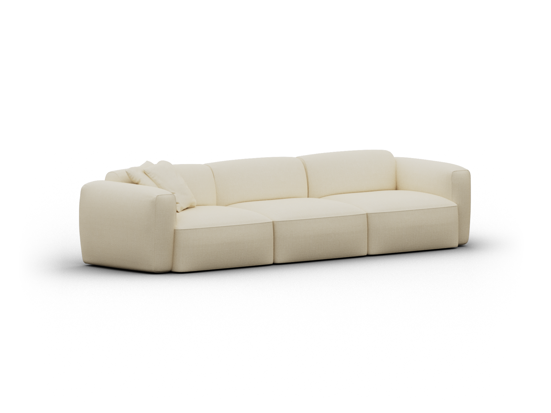 Luxurious cream fabric sofa with plush, deep cushioning and wide armrests. Sleek modern design elevates any sophisticated living area.