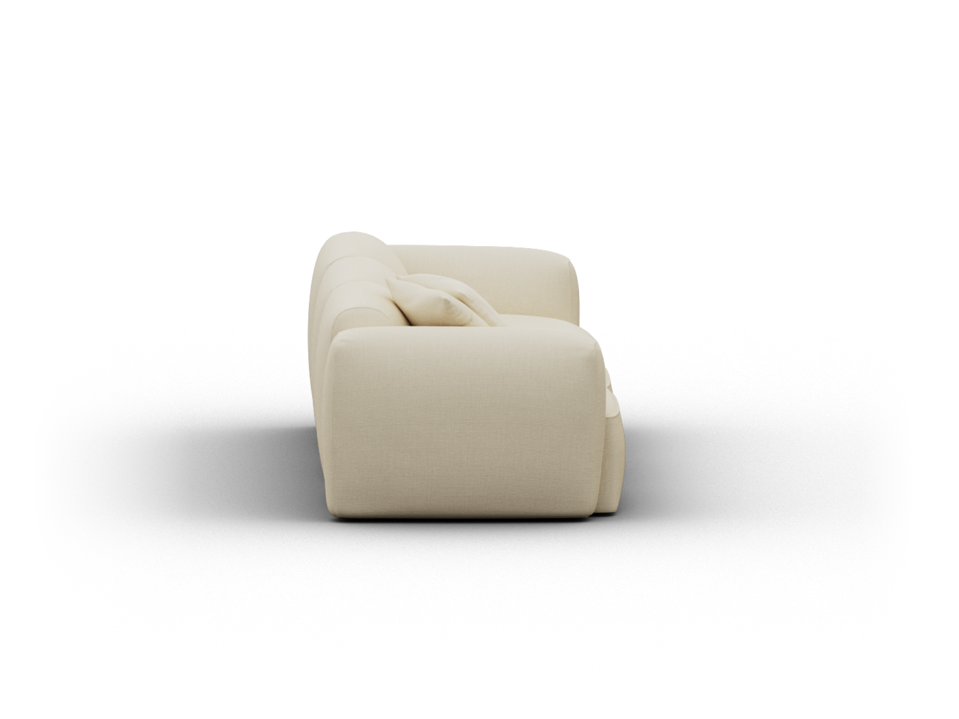 Luxurious ivory fabric sofa with plush cushions, featuring a sleek silhouette and deep-set design. Perfect for sophisticated living spaces.