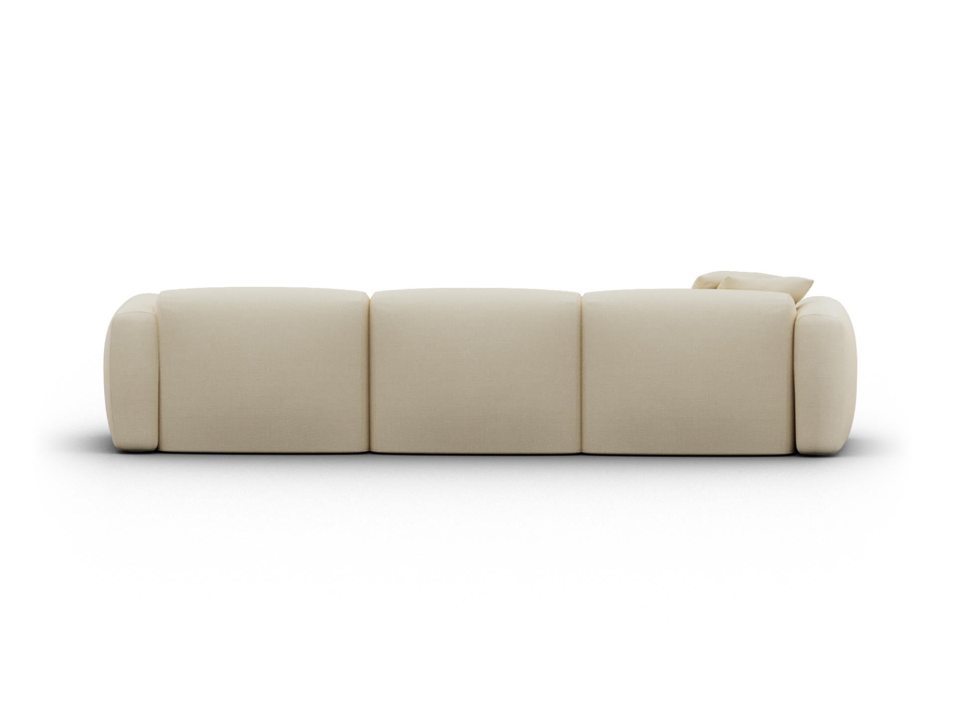 Beige modular sofa with plush upholstery, featuring rounded edges and minimalist design. Set in a sleek, modern living space. Perfect for luxurious comfort.