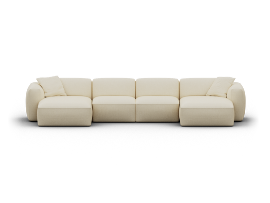 Luxurious cream modular sofa with plush upholstery and minimalist design. Featuring five spacious seats and clean lines, perfect for an elegant living space.