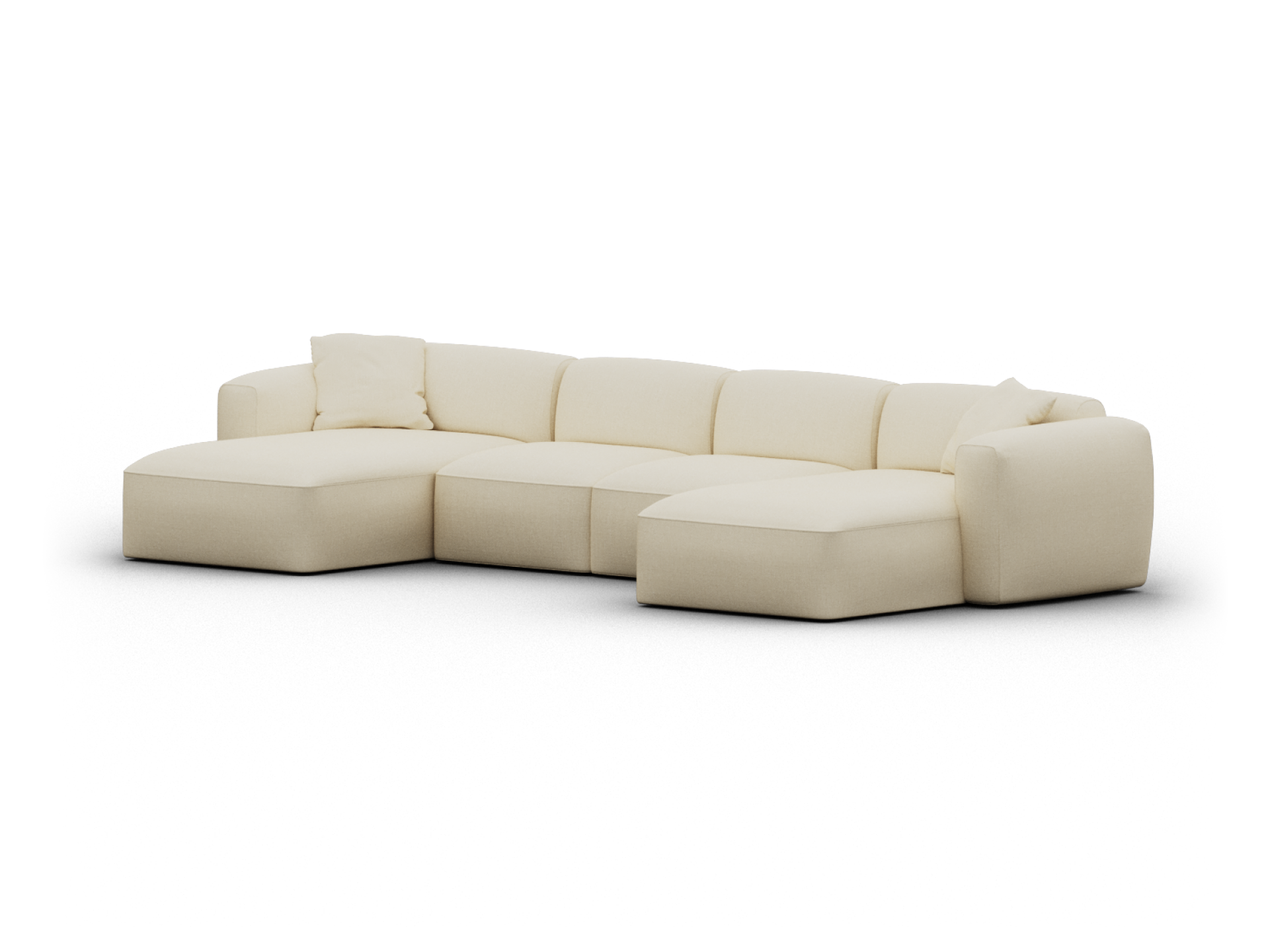 Cream modular sectional sofa in plush fabric with deep seats and clean lines, featuring a chaise lounge. Perfect for a contemporary living space.