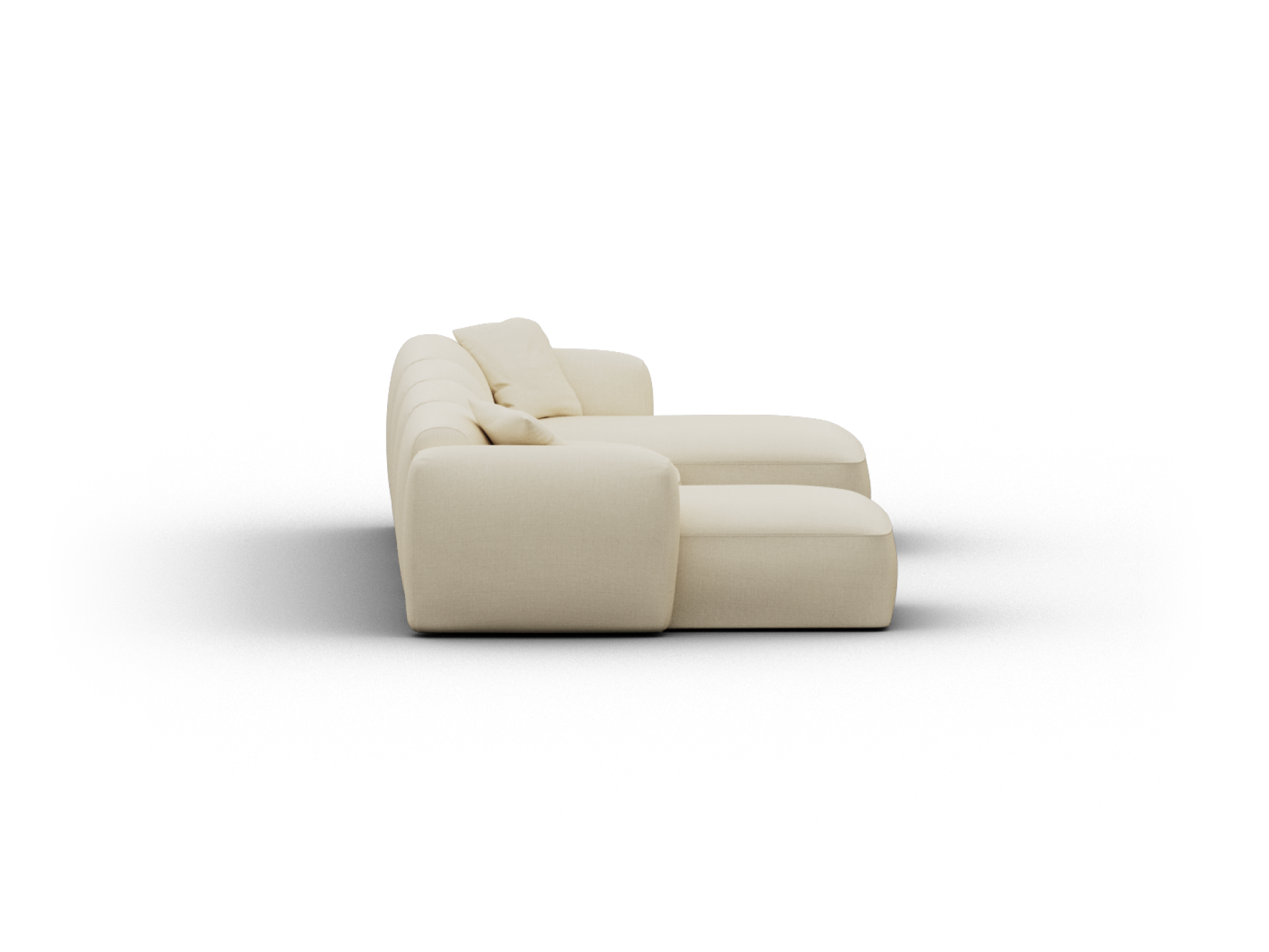Luxurious beige chaise lounge crafted from premium upholstery. Features deep seats, plush cushions, and rounded arms. Perfect for an elegant living space.
