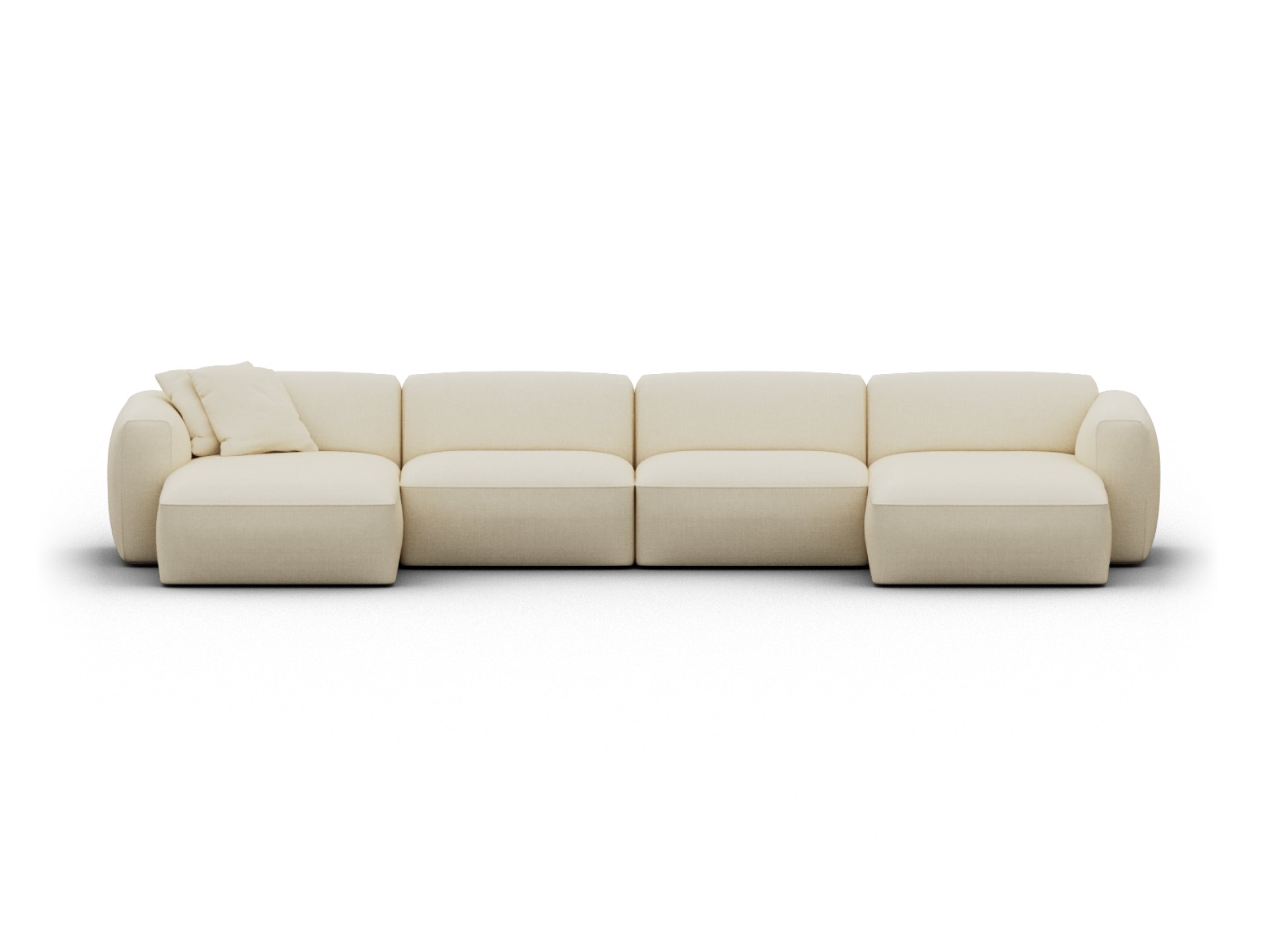 Luxurious cream-coloured modular sofa with plush upholstery, featuring plush armrests and a chaise lounge, in a modern, minimalist setting.