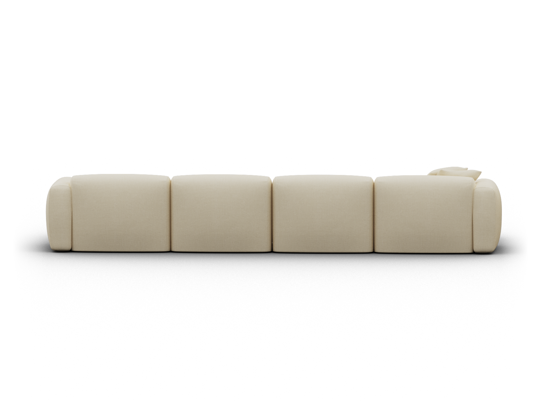 Beige modular sofa with plush upholstery and a minimalist cubic design, ideal for modern living rooms. Features low backrest and seamless, sleek finish.