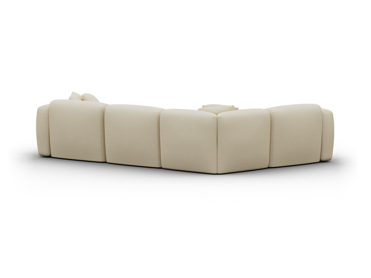 Contemporary beige sectional sofa, upholstered in premium fabric, features plush cushioning and modular design. Ideal for luxurious living room settings.