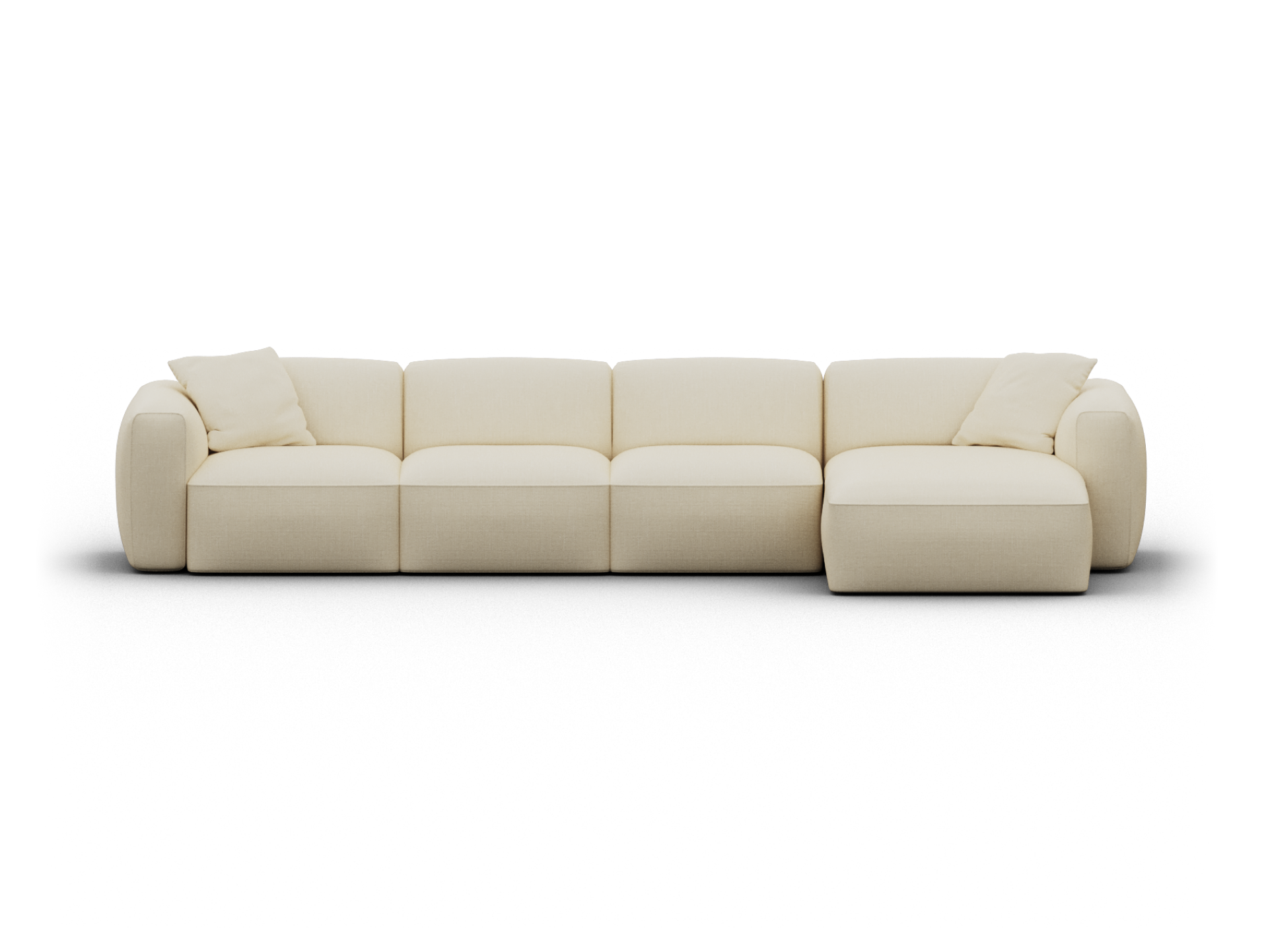 Luxurious modular sectional sofa in cream fabric, featuring plush cushions and a sleek chaise. Ideal for sophisticated living spaces.