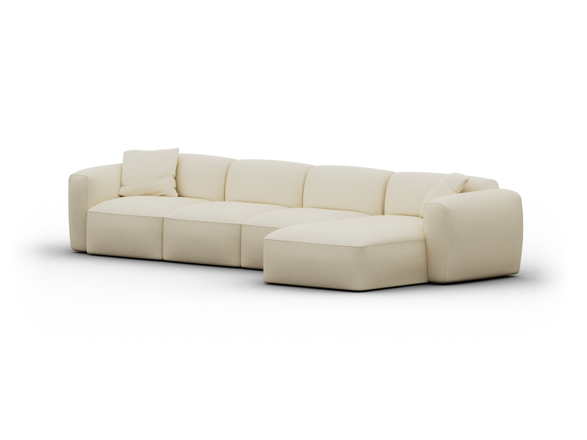 Elegant cream modular sectional sofa in plush fabric, featuring deep cushions and a chaise lounge. Perfect for a contemporary living room setting.