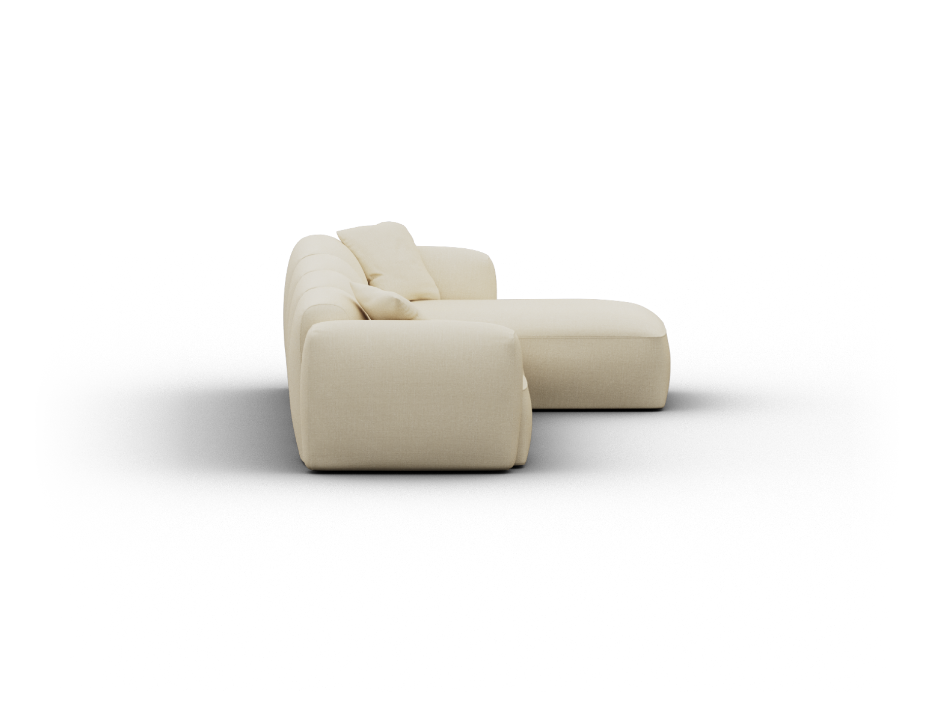 Luxury beige fabric sectional sofa, featuring plush cushions and modern, streamlined design; ideal for a sophisticated living room setting.