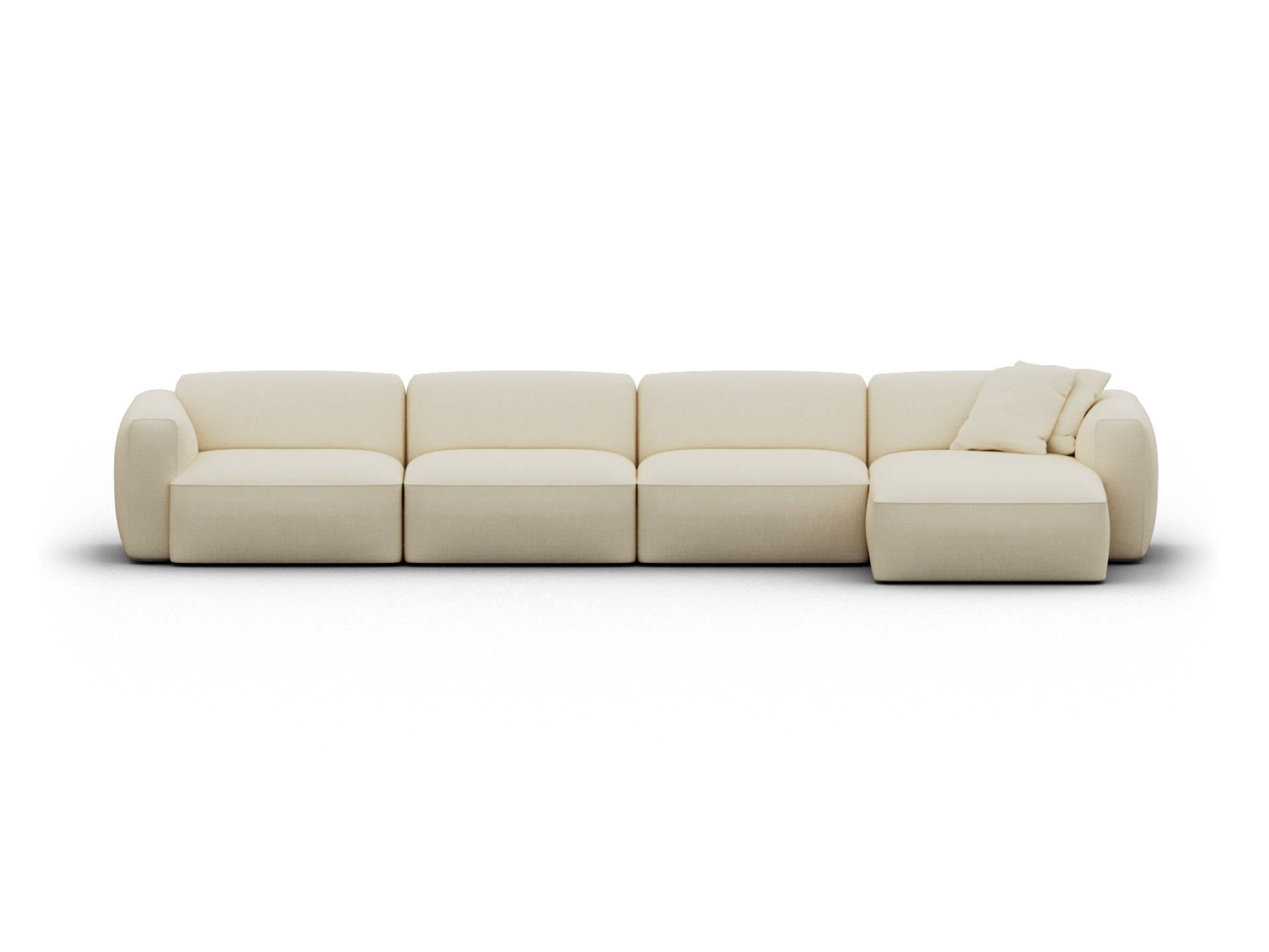 Elegant modular sectional sofa in cream fabric, featuring plush cushions and smooth lines. Offers versatile seating for modern living rooms.