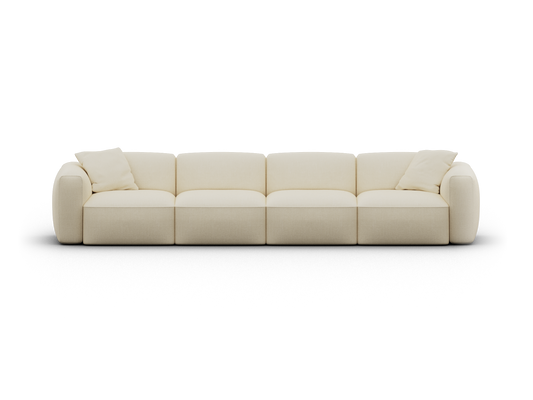 Beige modular sofa with plush, rounded cushions and smooth fabric finish. Featuring a contemporary design, perfect for luxury living room settings.