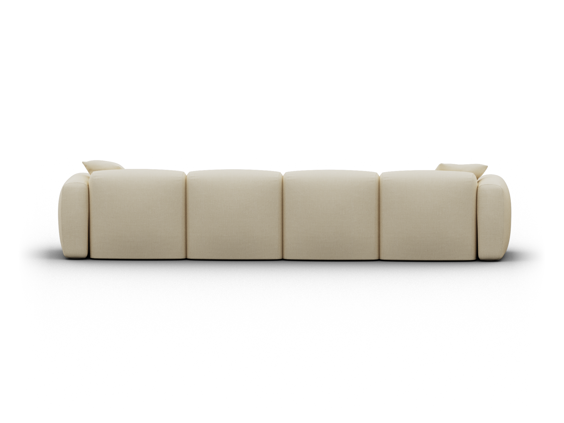 Beige modular fabric sofa, featuring plush, block-like cushions and a minimalist silhouette, set against a sleek, contemporary backdrop.
