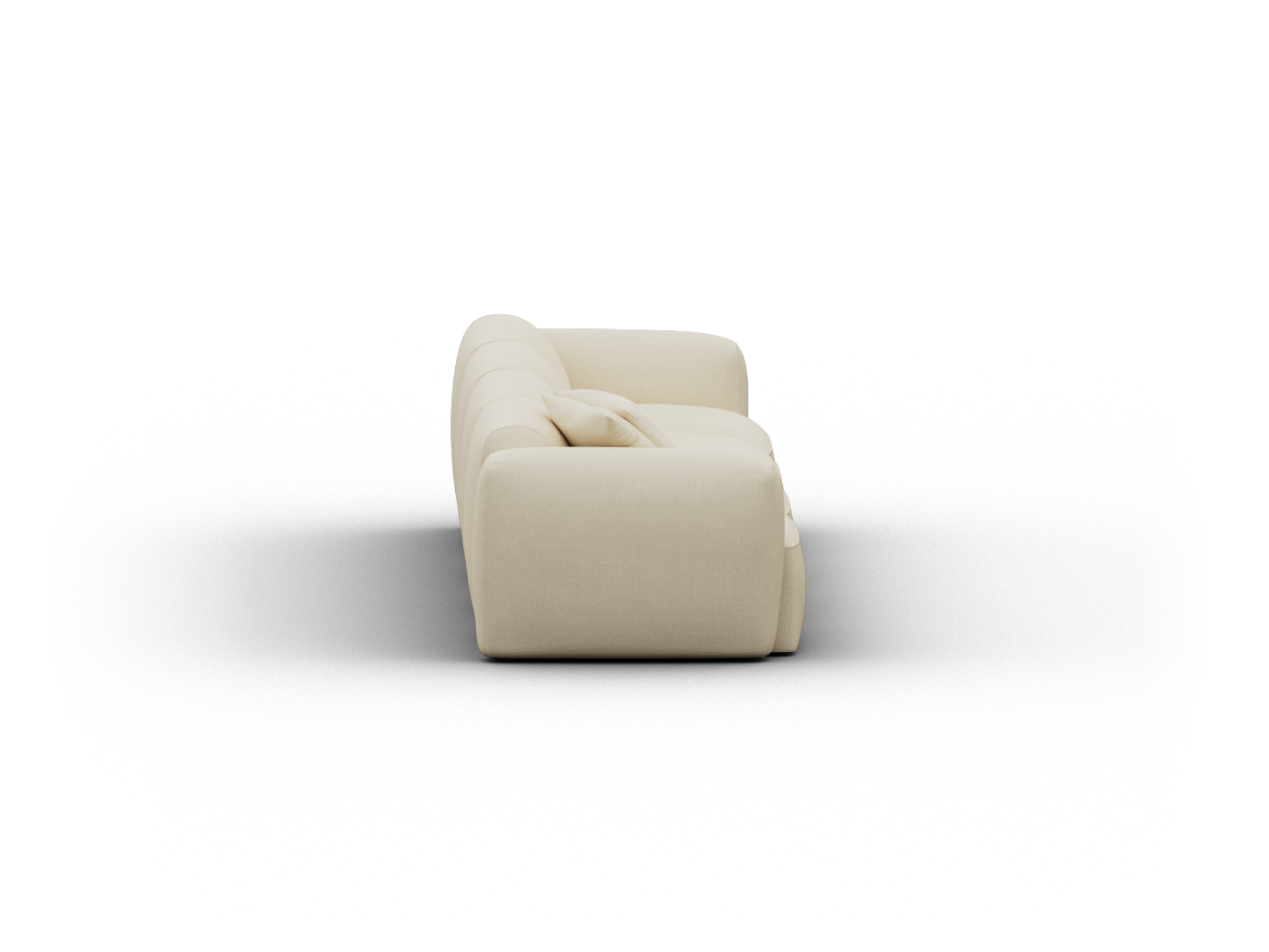 Luxurious beige fabric sofa with plush cushioning and a sleek, modern silhouette, perfect for a sophisticated lounge setting.