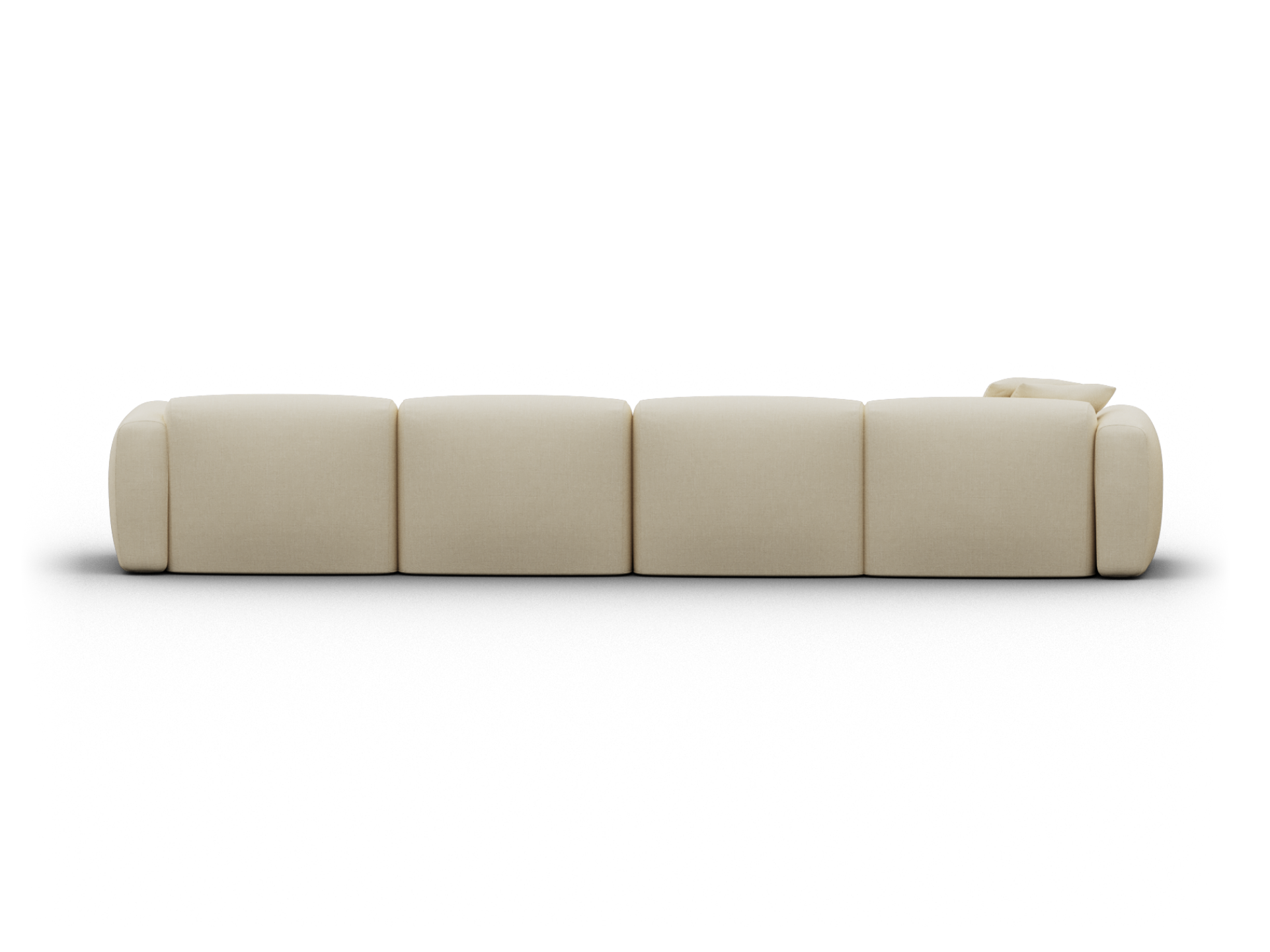 Cream modular sofa with plush fabric upholstery, low-profile design, and block-style sections. Perfect for contemporary living room settings.
