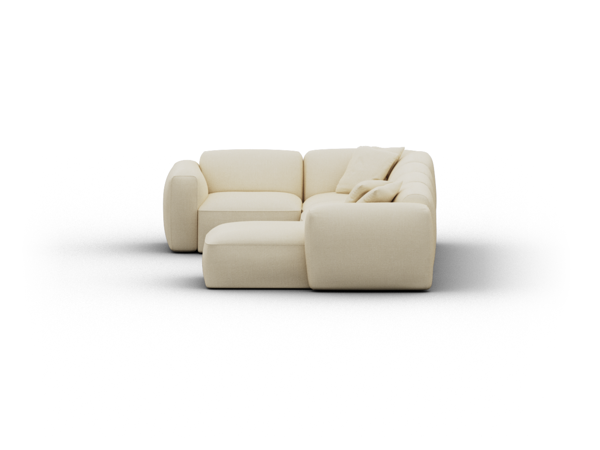 Luxurious cream fabric sectional sofa with plush cushions and a spacious chaise. Modern design seamlessly fits upscale living rooms, enhancing comfort and style.