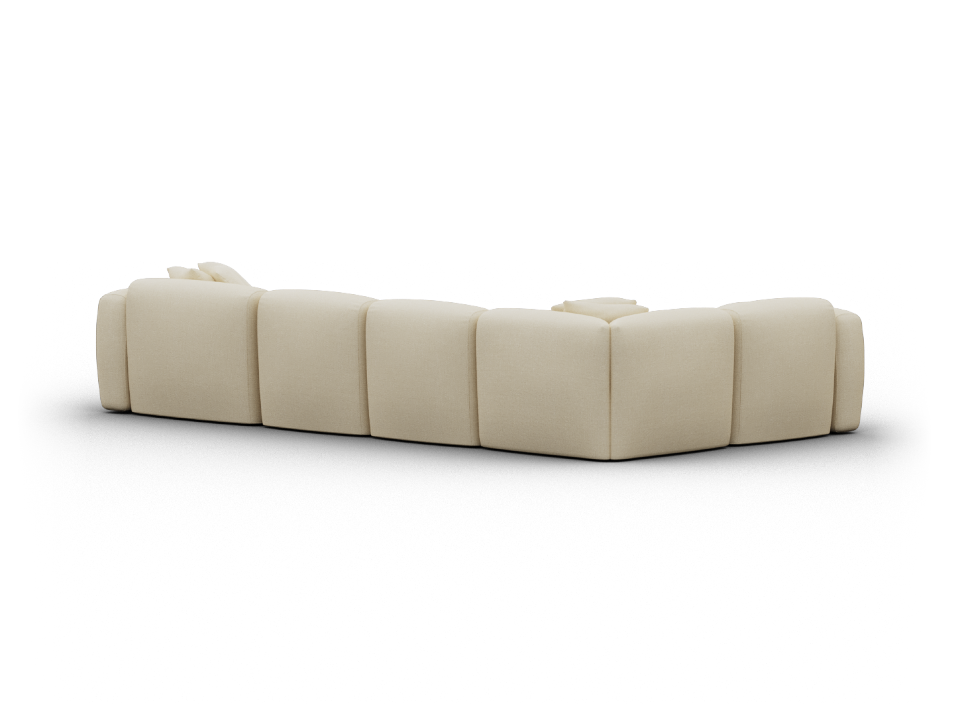 Luxurious beige fabric sectional sofa with a modern, low-profile design and plush cushioning, perfect for sophisticated, contemporary living spaces.