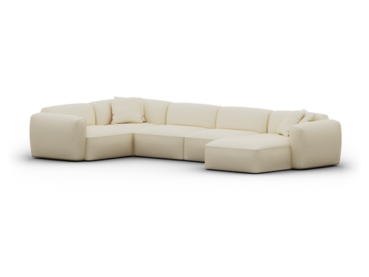 Luxurious beige sectional sofa with plush upholstery, L-shaped design, and modern minimalist appeal. Ideal for sophisticated living spaces.