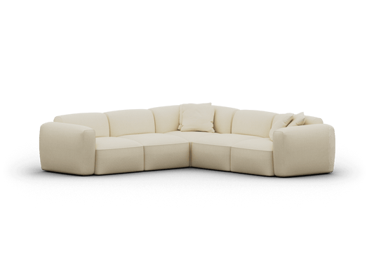 Cream modular corner sofa in premium fabric with plush cushioning. Features rounded armrests and low-profile design, ideal for modern living rooms.