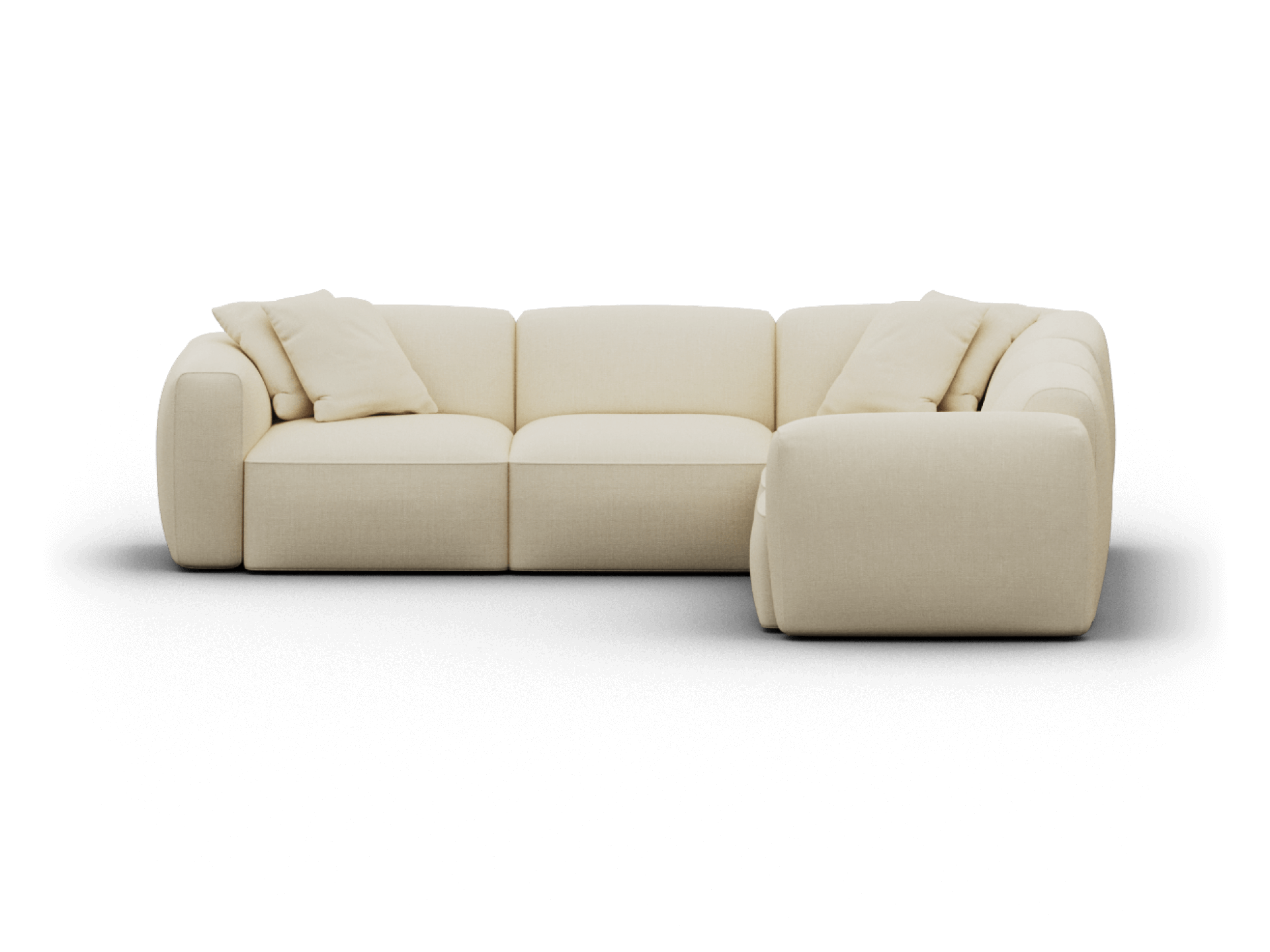 Luxurious cream L-shaped sofa in plush fabric with deep cushioning, clean lines, and minimalist design; ideal for modern living spaces.
