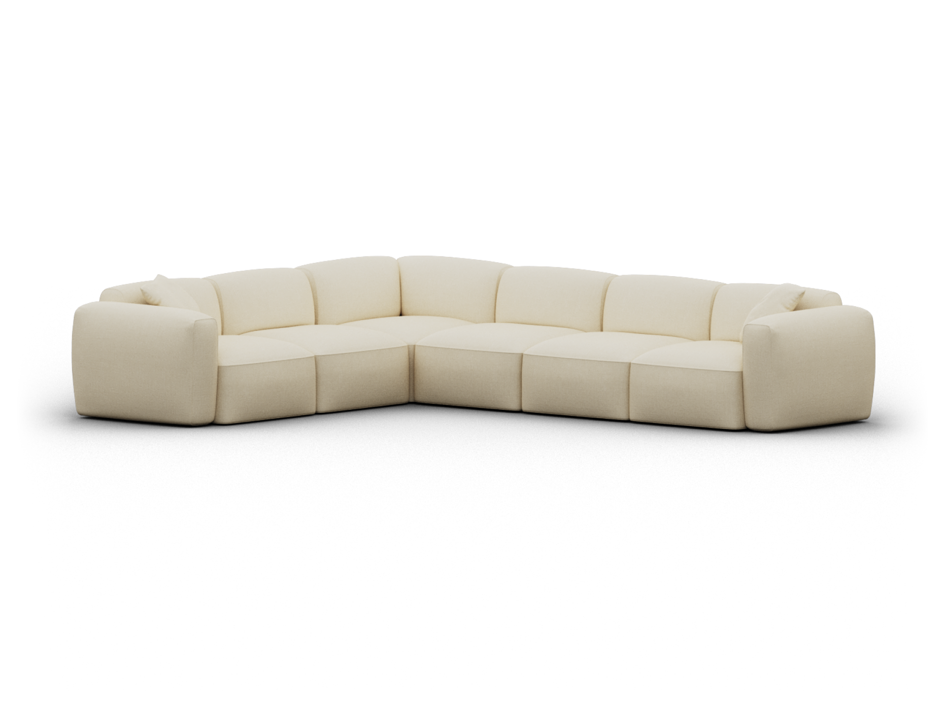 Luxury sectional sofa in creamy beige fabric, featuring plush cushions and contemporary lines. Modular design perfect for upscale living spaces.