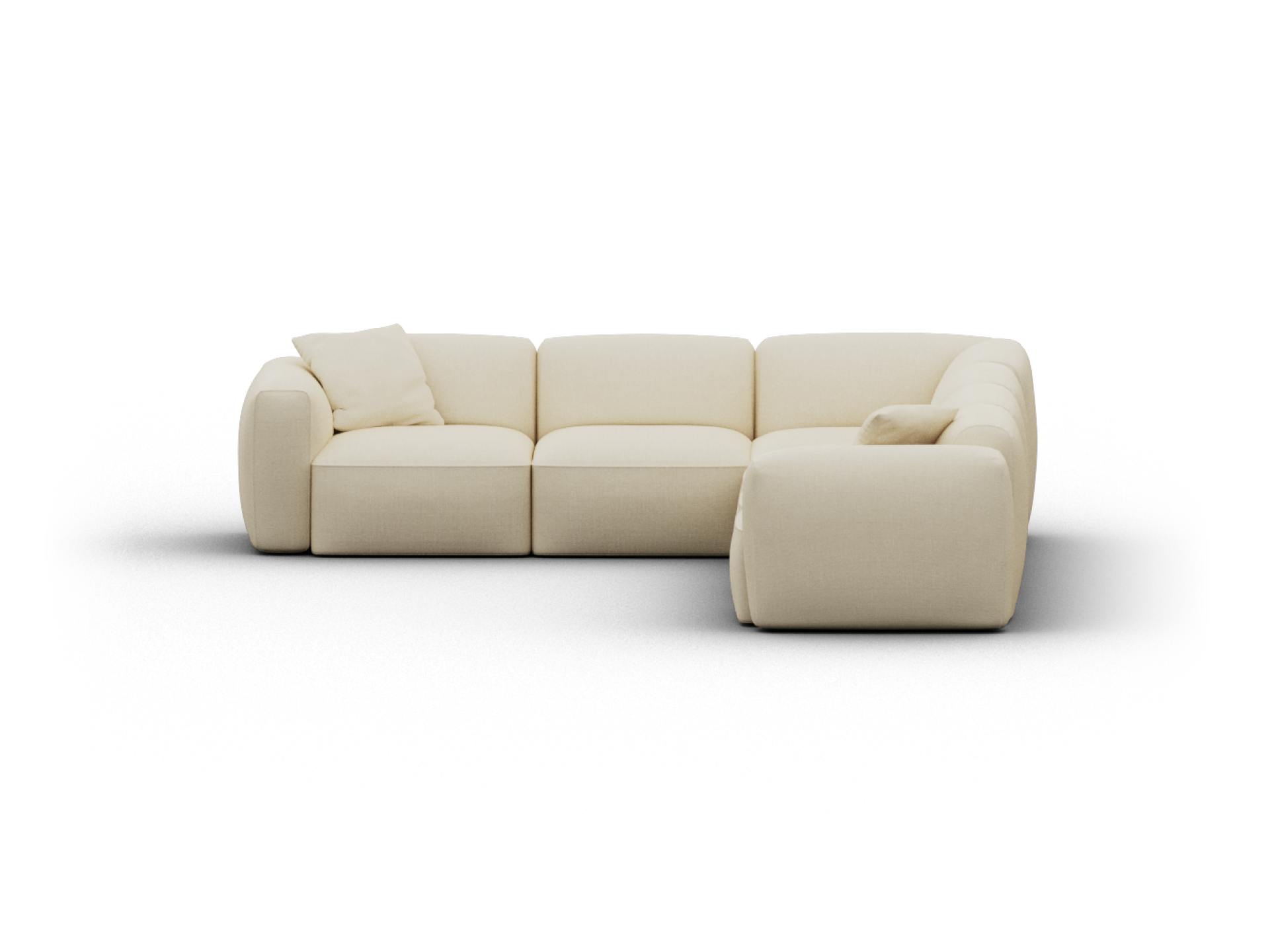 Cream-coloured modular sectional sofa, upholstered in plush fabric. Features deep seats, curved armrests, and a minimalist design, perfect for modern living rooms.