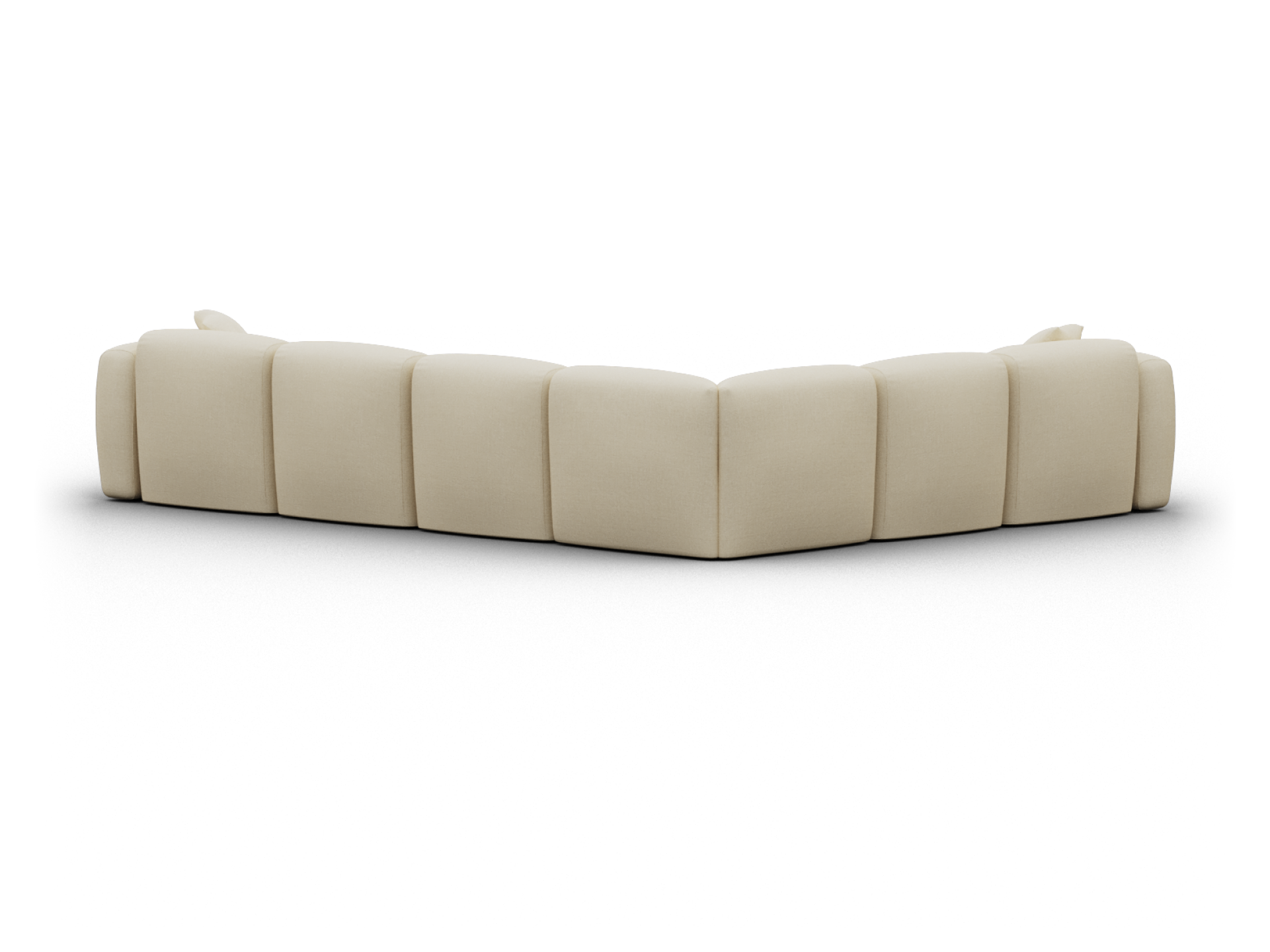Luxury beige fabric corner sofa featuring plush, vertical tufting. Modernist design, perfect for elegant living spaces seeking comfort and sophistication.