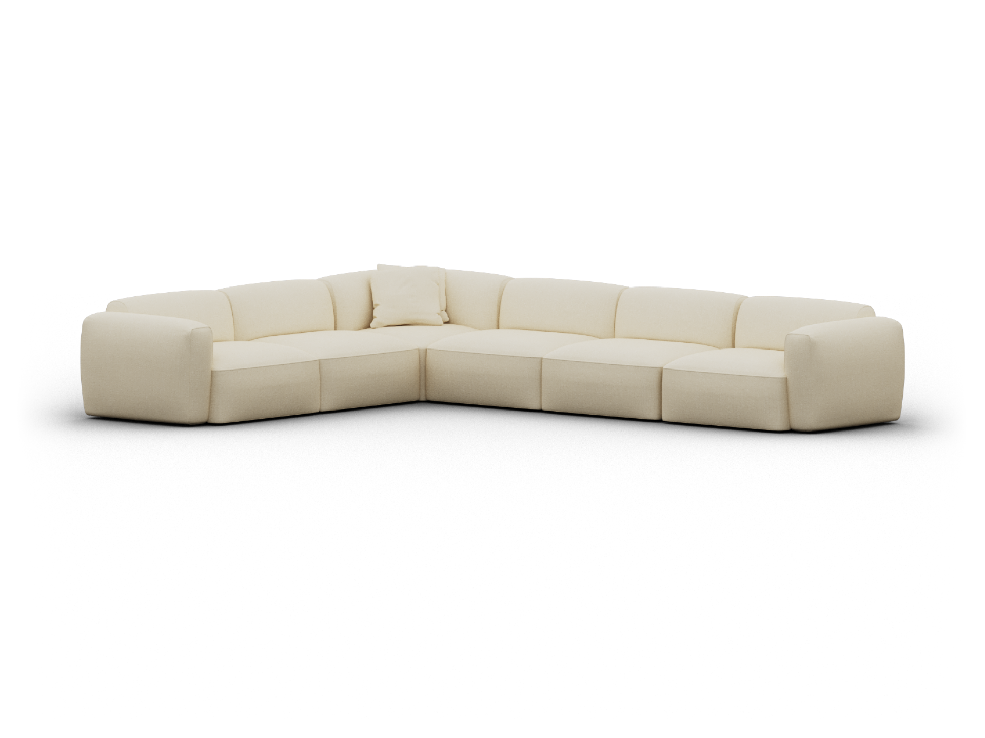 Luxurious L-shaped sectional sofa, upholstered in plush cream fabric with deep cushioned seats; perfect for modern, elegant living spaces.